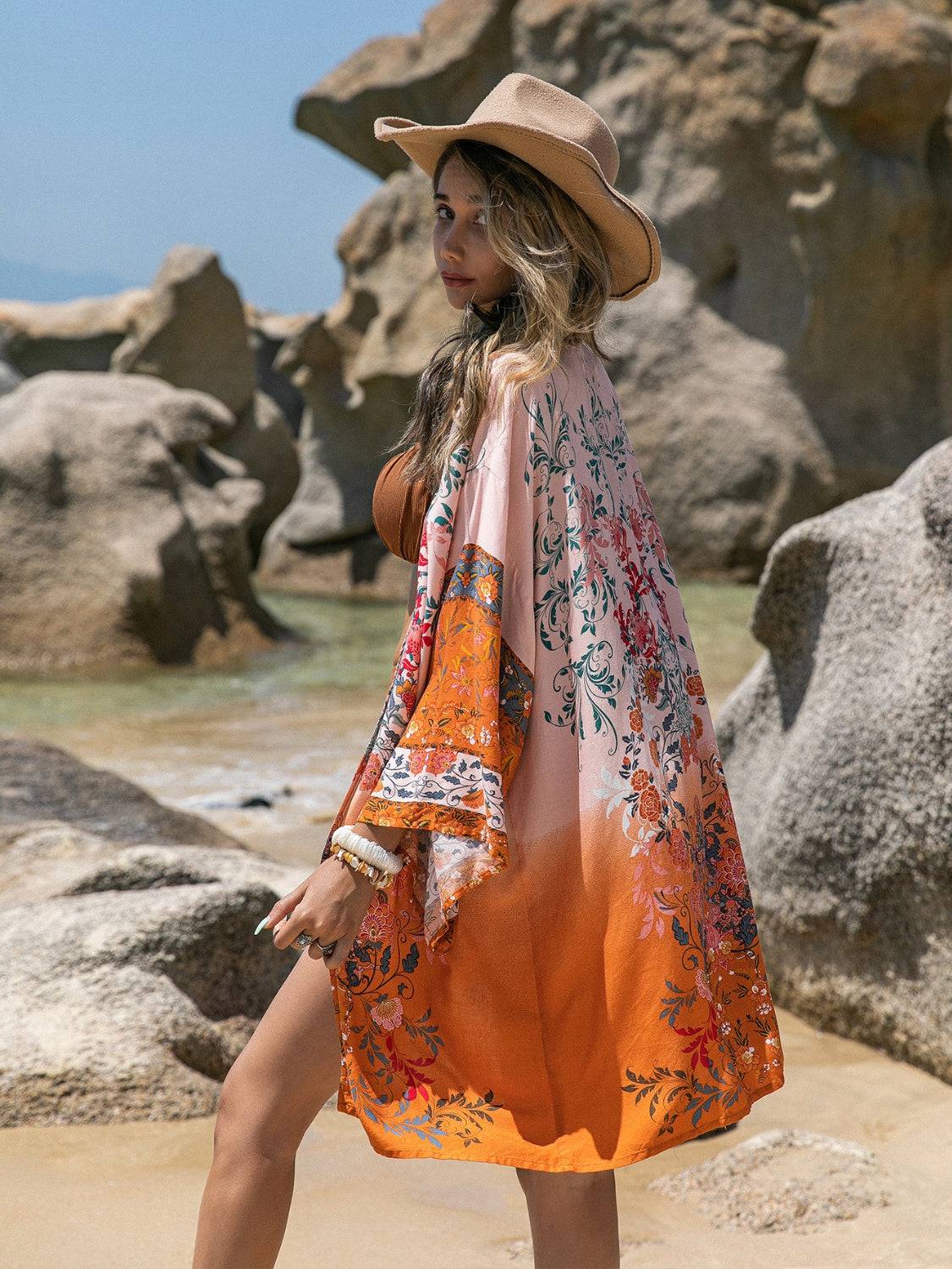 Printed Open Front Long Sleeve Cover-Up - EkaVibe