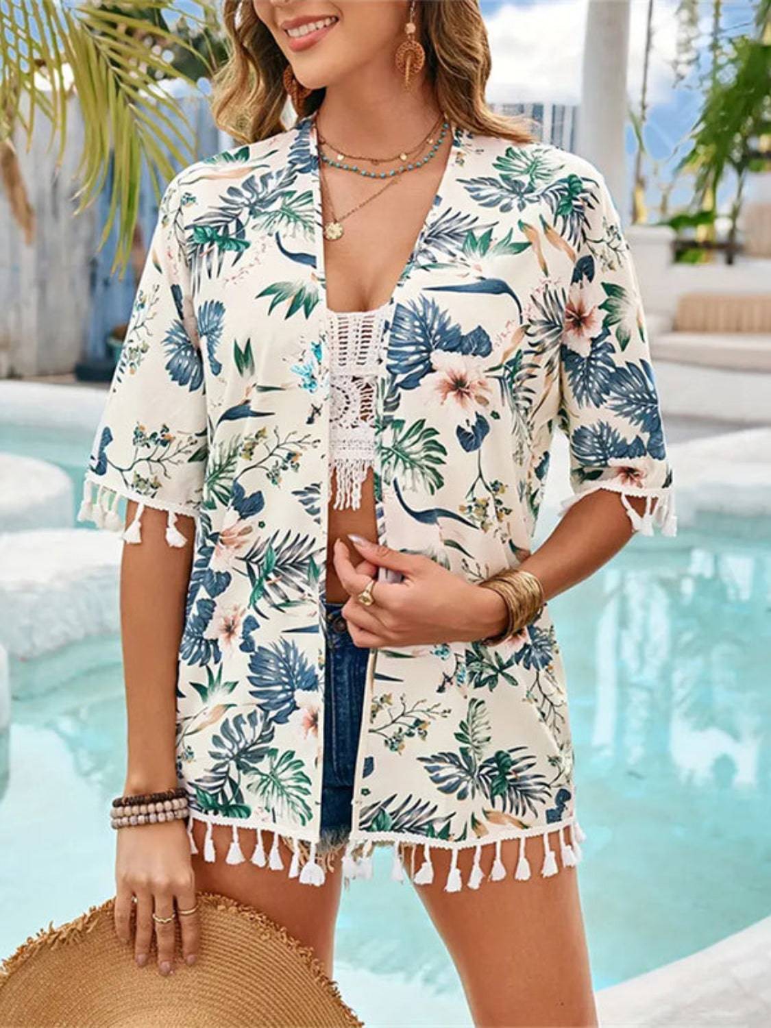 Tassel Printed Open Front Half Sleeve Cover-Up - EkaVibe