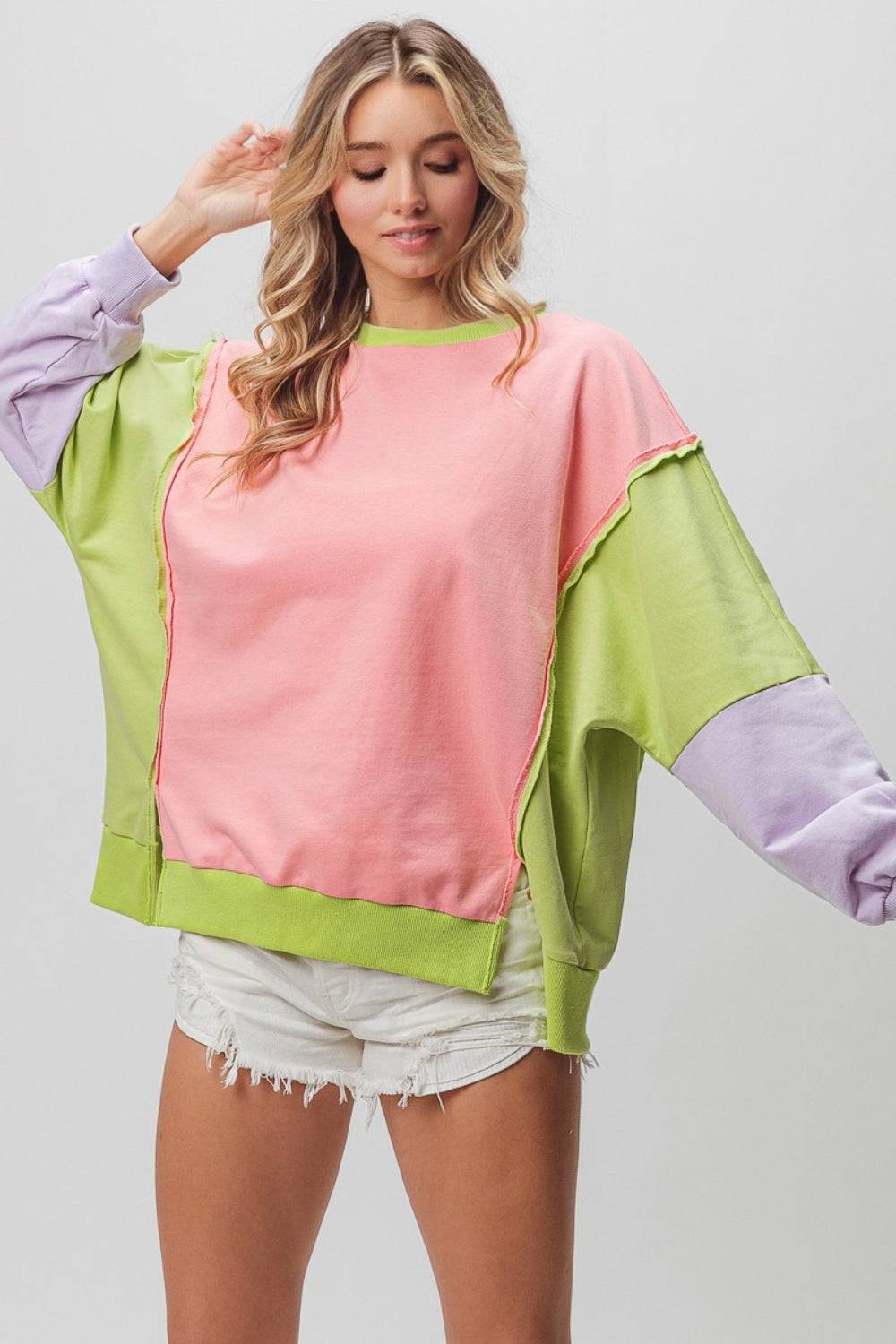 BiBi Washed Color Block Sweatshirt - EkaVibe