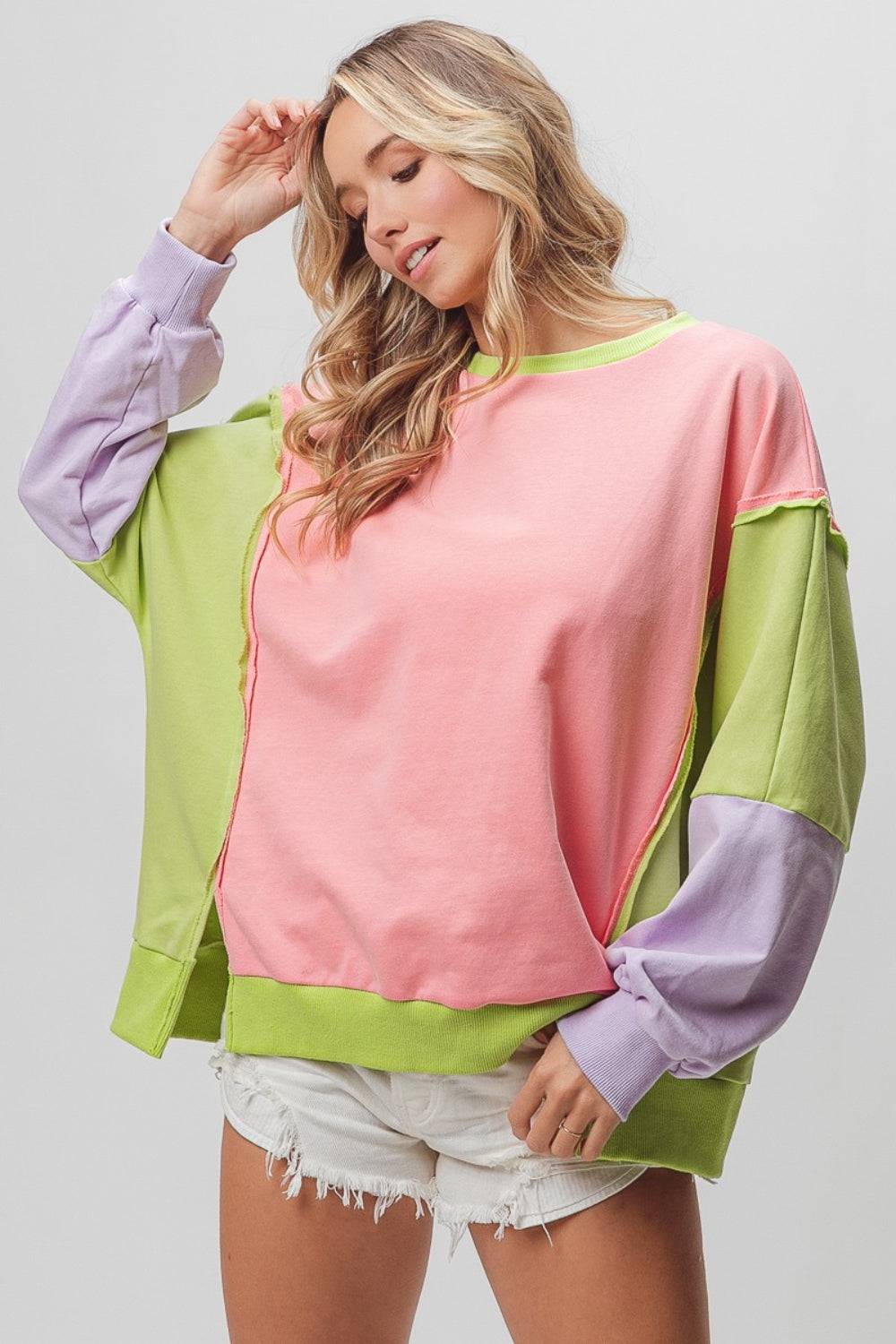 BiBi Washed Color Block Sweatshirt - EkaVibe