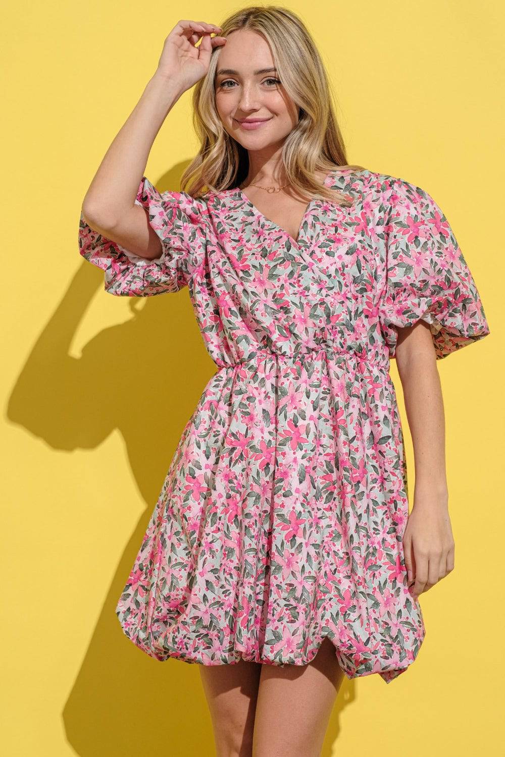 And The Why Full Size Floral Surplice Puff Sleeve Dress - EkaVibe