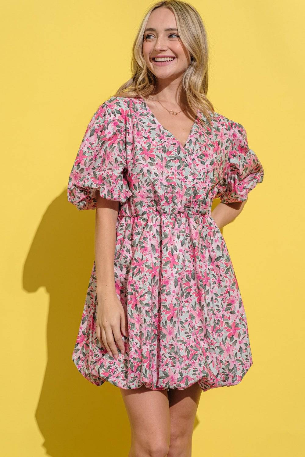 And The Why Full Size Floral Surplice Puff Sleeve Dress - EkaVibe