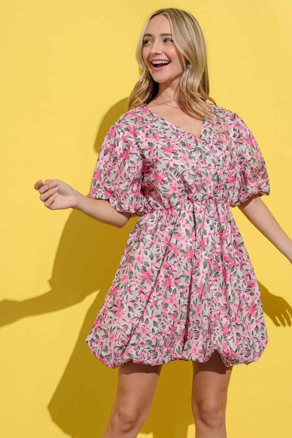 And The Why Full Size Floral Surplice Puff Sleeve Dress - EkaVibe