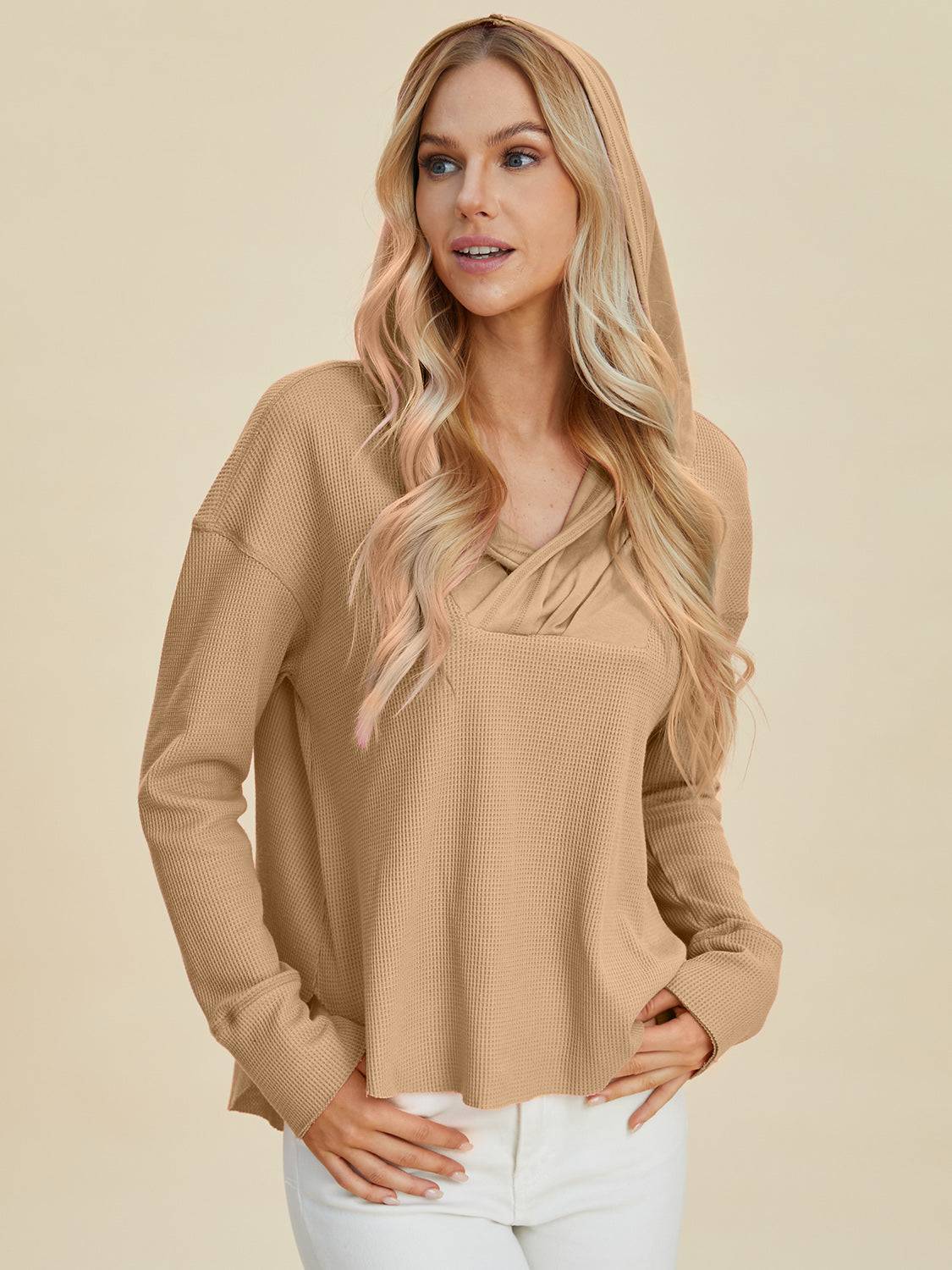 Double Take Full Size High-Low Dropped Shoulder Long Sleeve Hoodie - EkaVibe