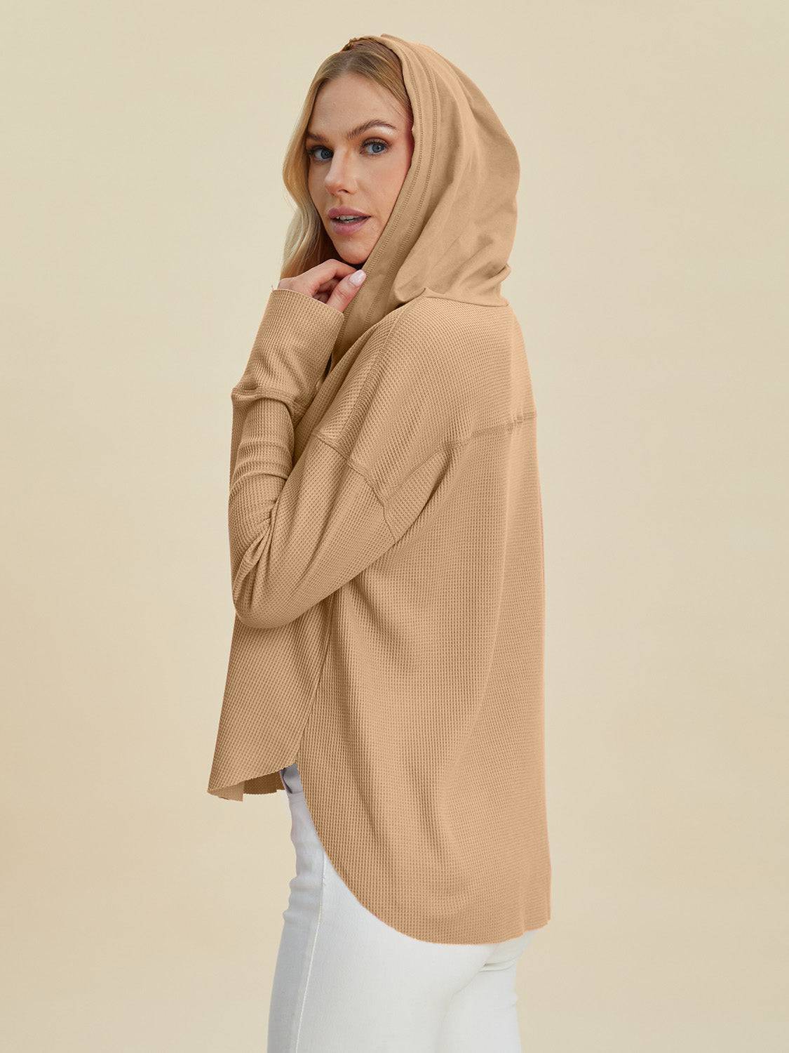 Double Take Full Size High-Low Dropped Shoulder Long Sleeve Hoodie - EkaVibe