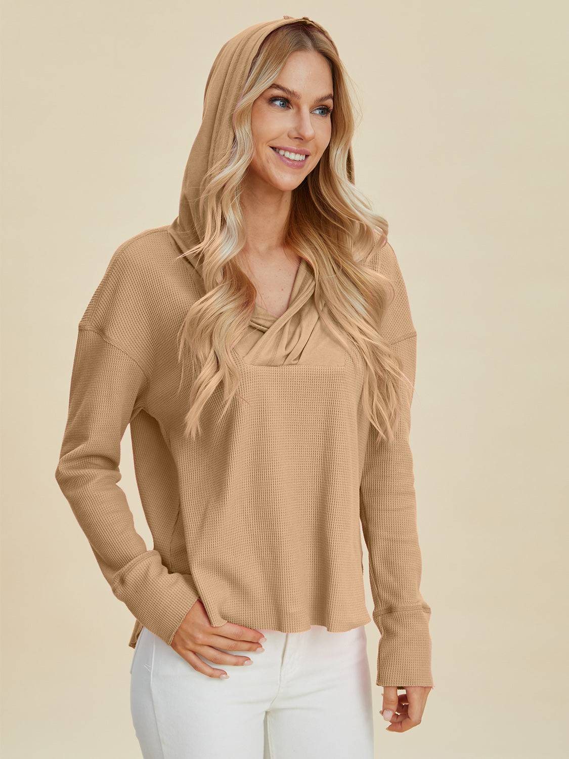 Double Take Full Size High-Low Dropped Shoulder Long Sleeve Hoodie - EkaVibe