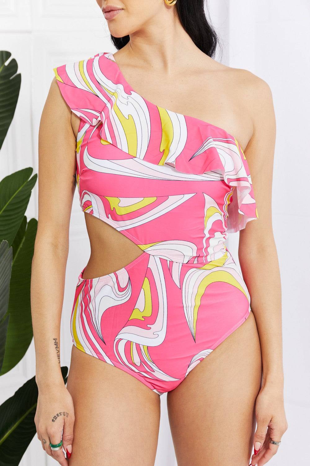 Marina West Swim Vitamin C Asymmetric Cutout Ruffle Swimsuit in Pink - EkaVibe