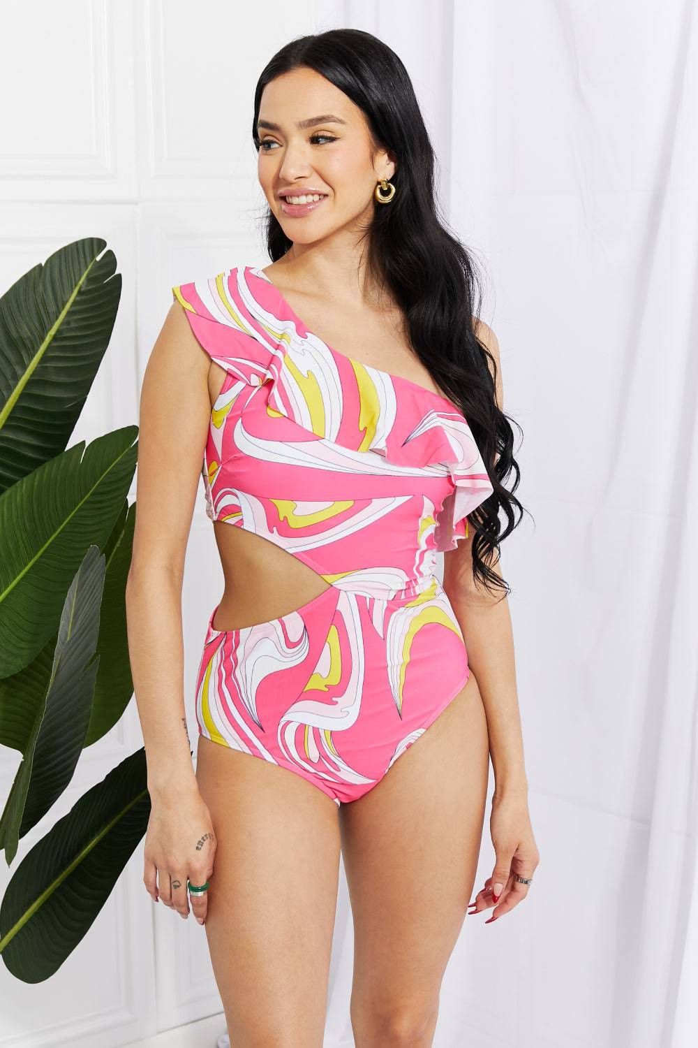 Marina West Swim Vitamin C Asymmetric Cutout Ruffle Swimsuit in Pink - EkaVibe