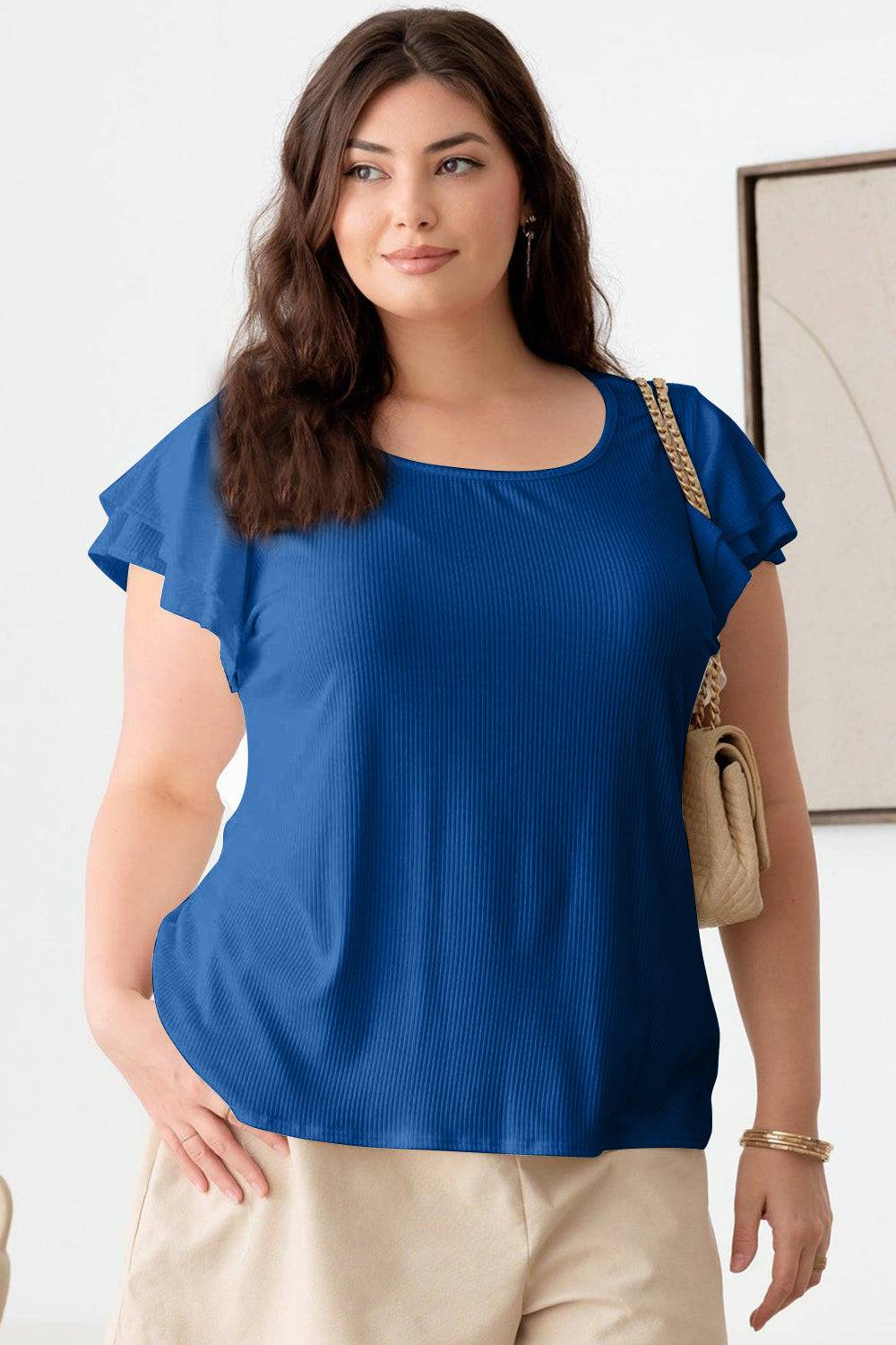 Gilli Plus Size Short Fluttery Sleeve Round Neck Top - EkaVibe