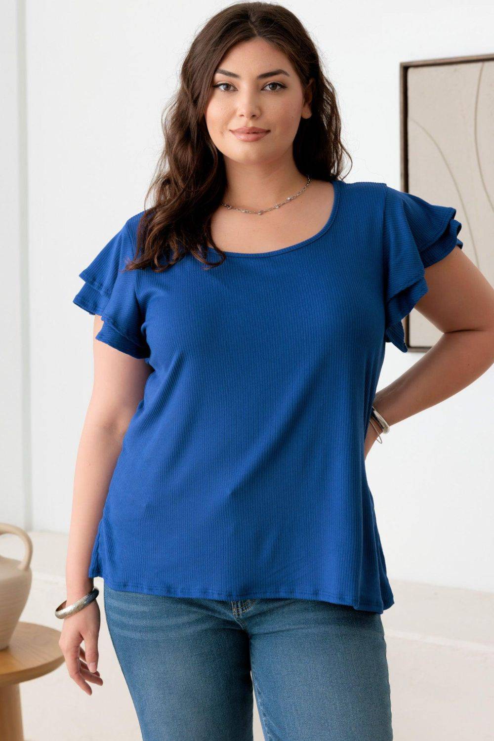 Gilli Plus Size Short Fluttery Sleeve Round Neck Top - EkaVibe