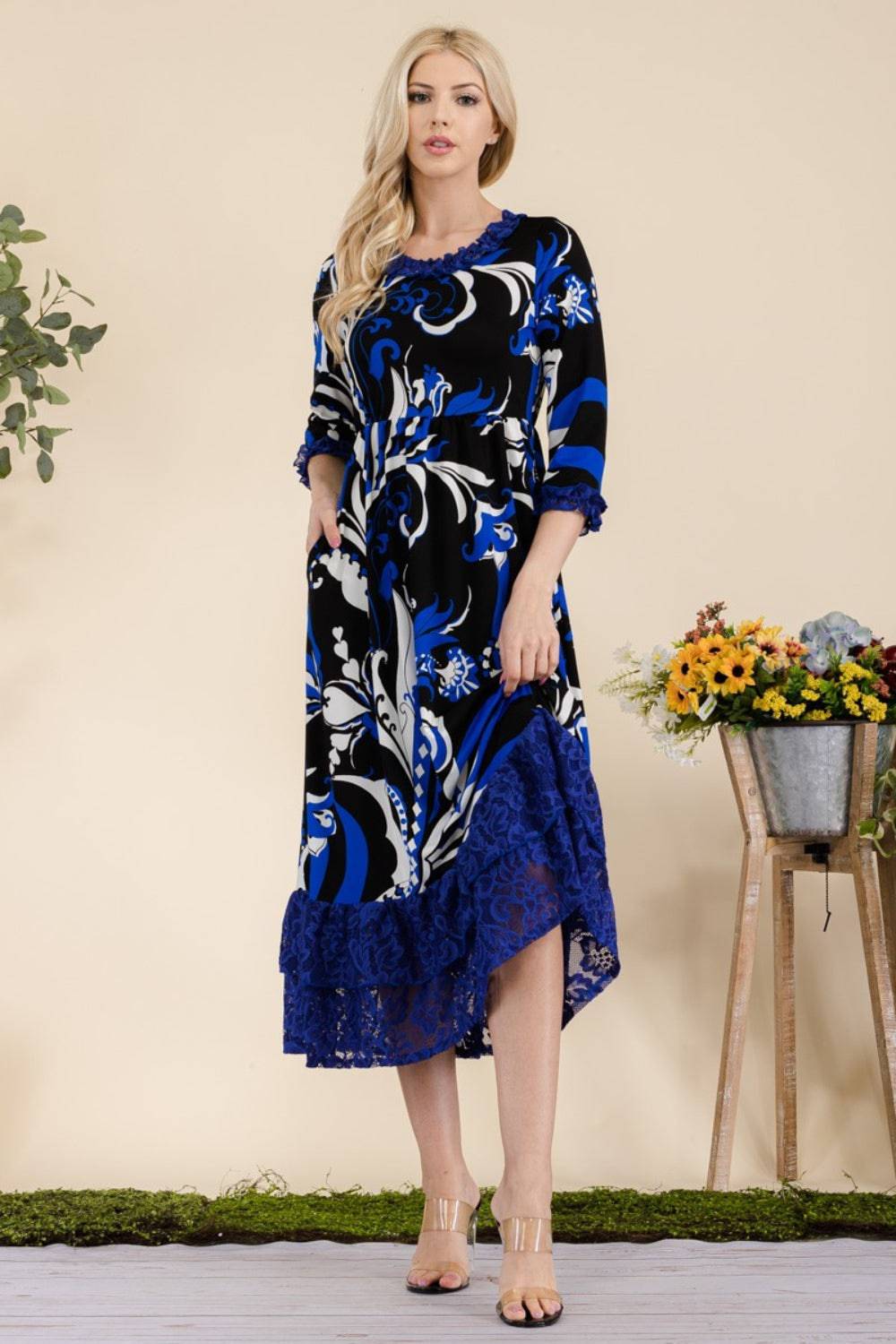 Celeste Full Size Paisley Print Lace Ruffled Midi Dress - EkaVibe