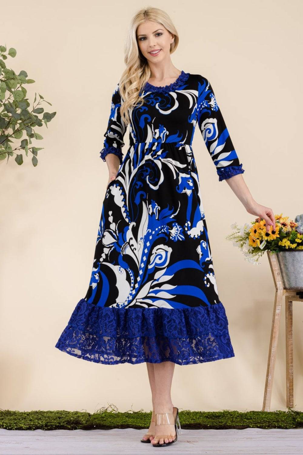 Celeste Full Size Paisley Print Lace Ruffled Midi Dress - EkaVibe