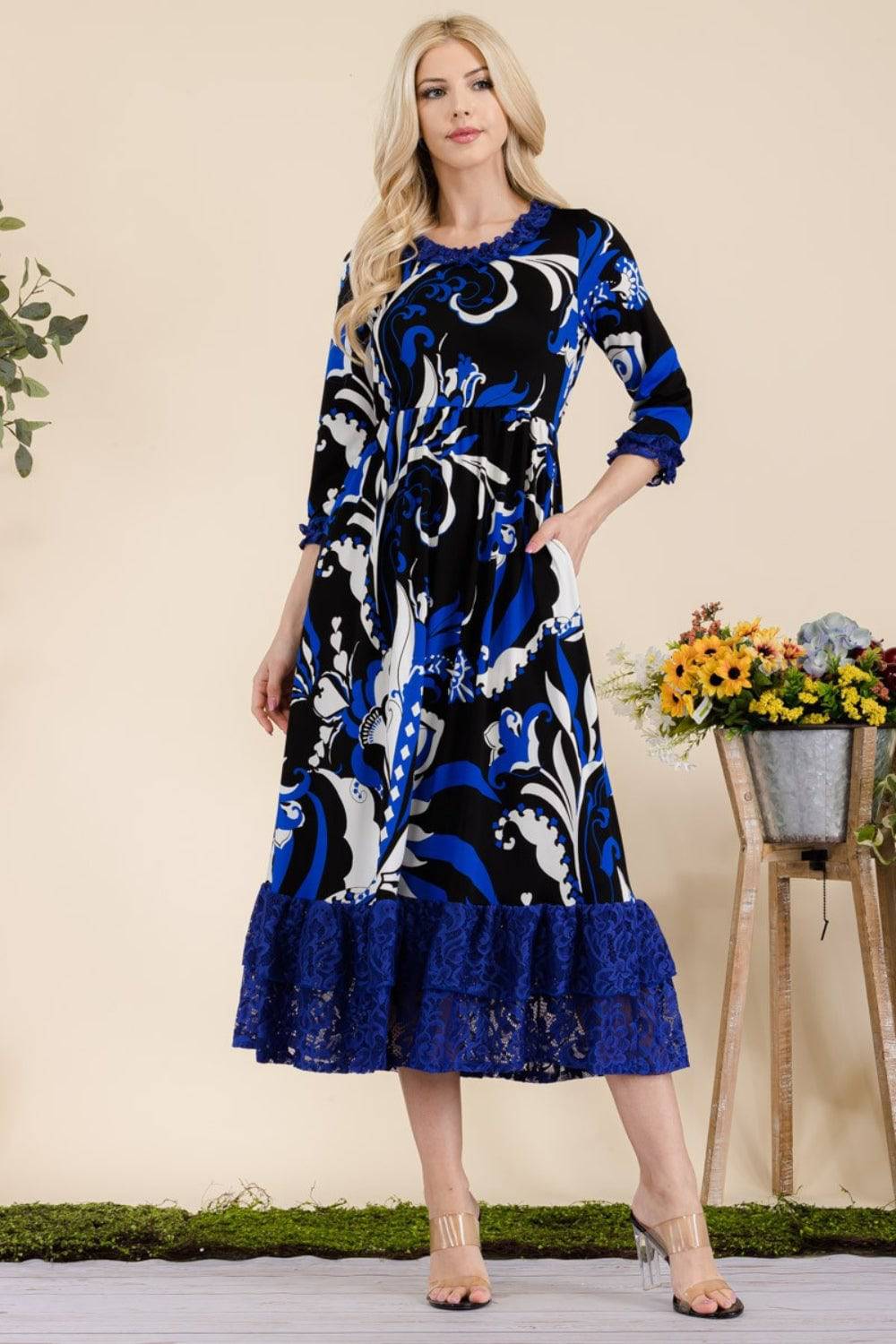 Celeste Full Size Paisley Print Lace Ruffled Midi Dress - EkaVibe