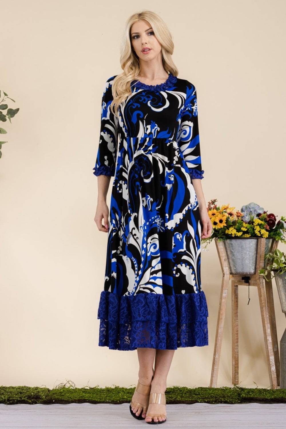 Celeste Full Size Paisley Print Lace Ruffled Midi Dress - EkaVibe