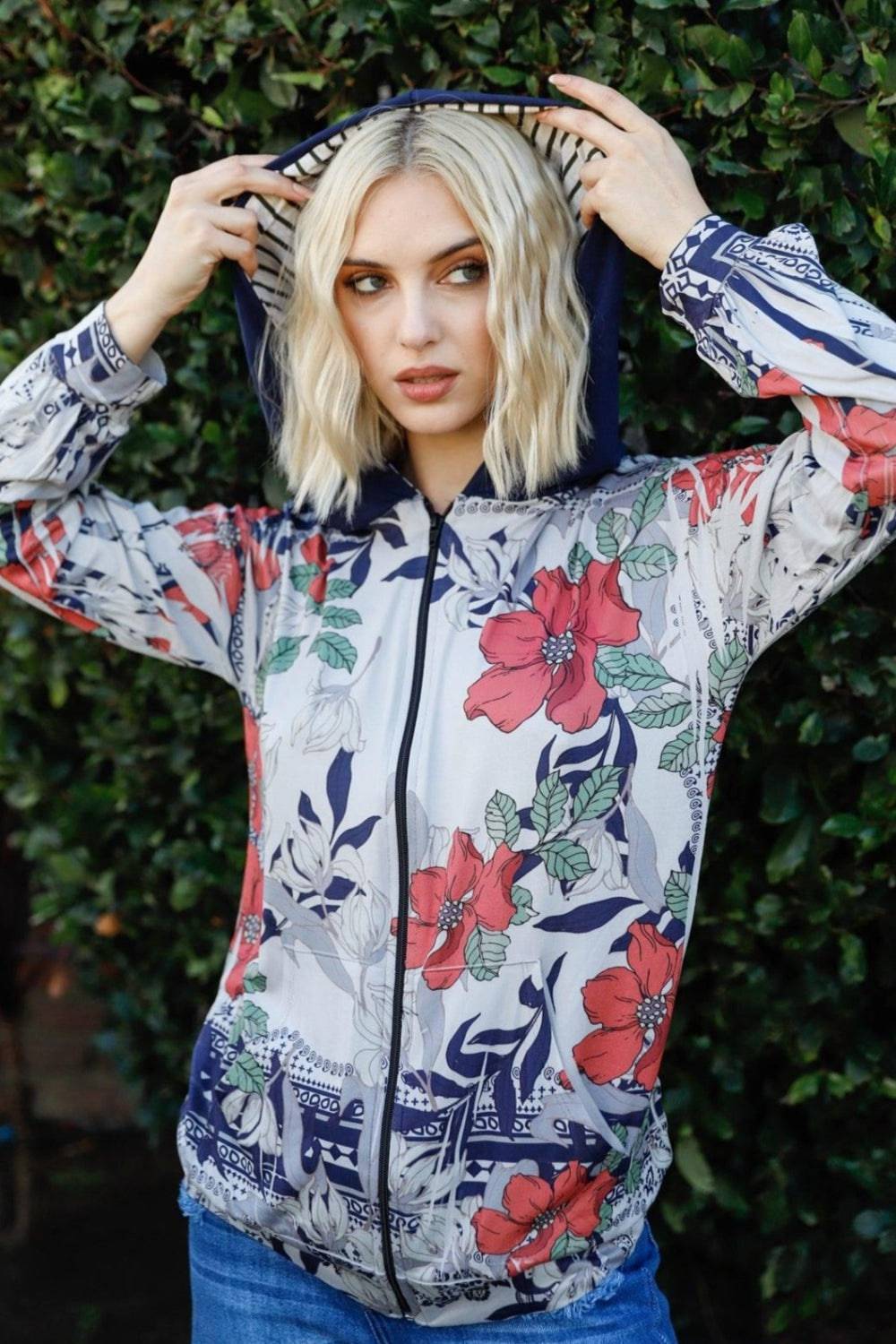 Blumin Apparel Full Size Floral Zip Up Hoodie - EkaVibe