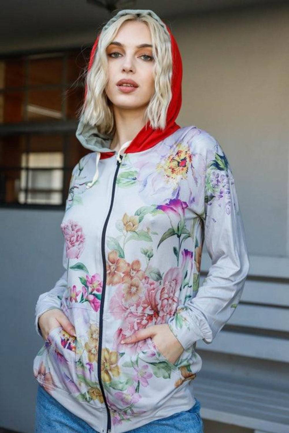 Blumin Apparel Full Size Floral Zip Up Hoodie - EkaVibe