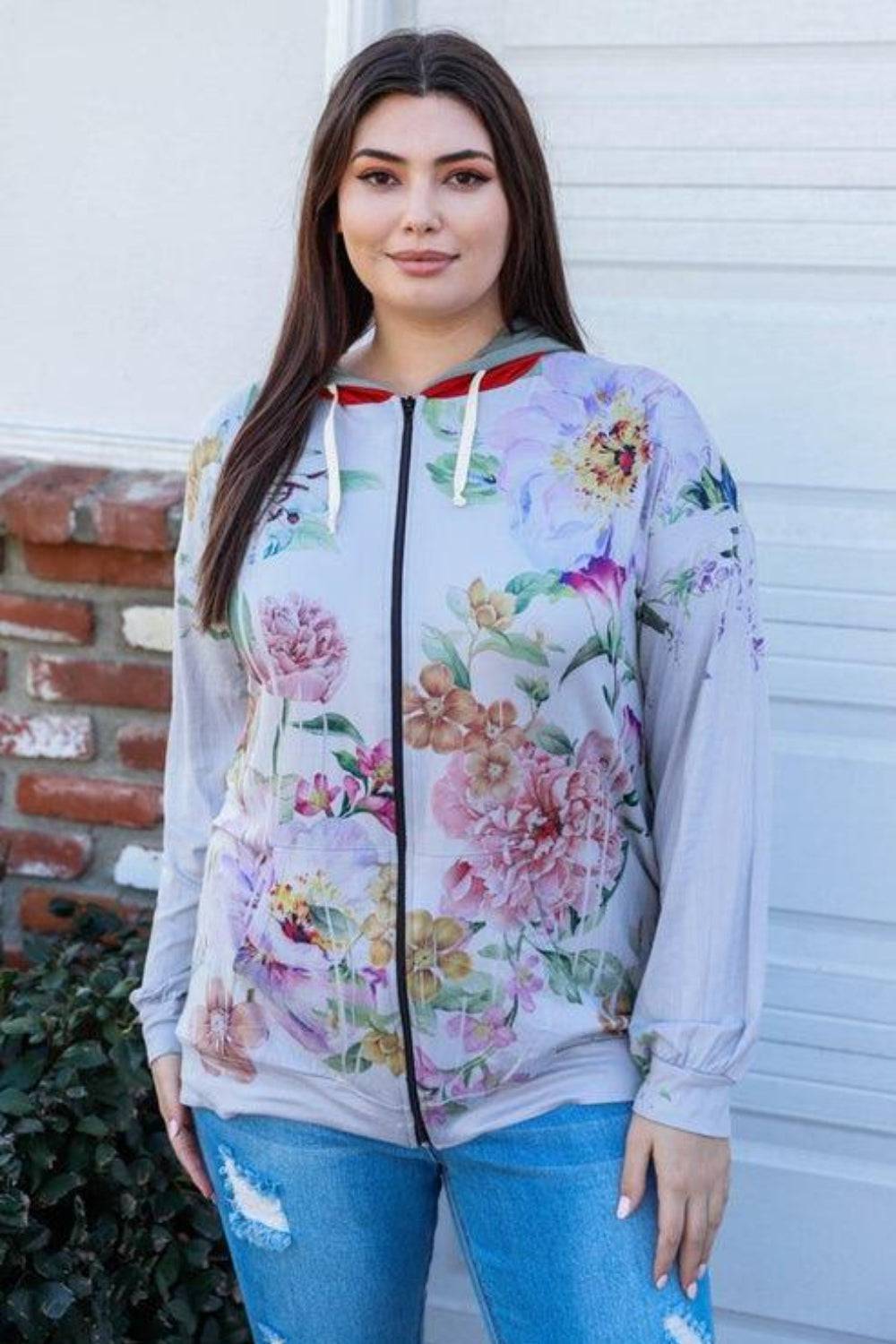 Blumin Apparel Full Size Floral Zip Up Hoodie - EkaVibe