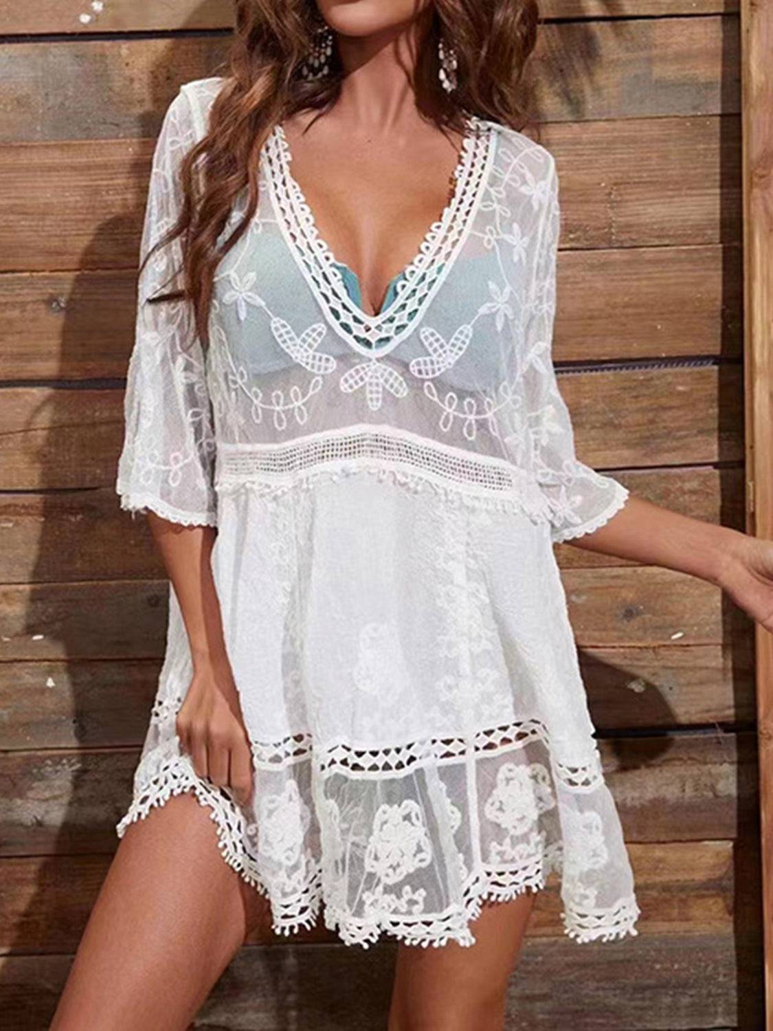 Lace Detail Plunge Cover-Up Dress - EkaVibe