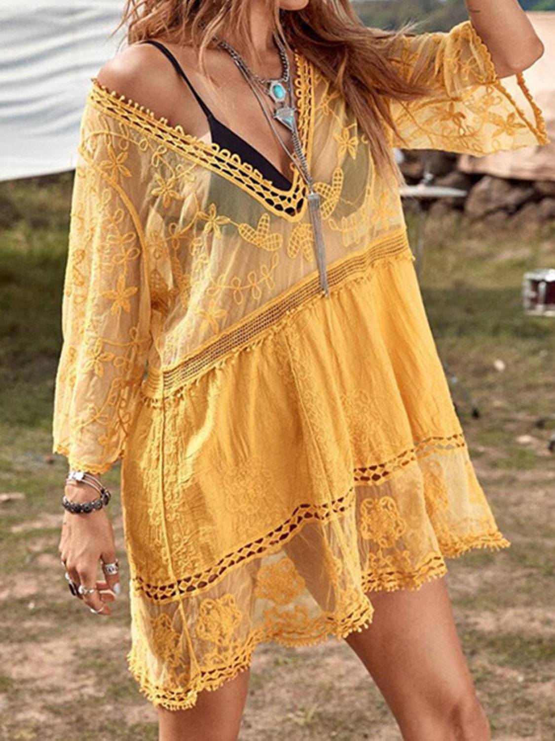 Lace Detail Plunge Cover-Up Dress - EkaVibe