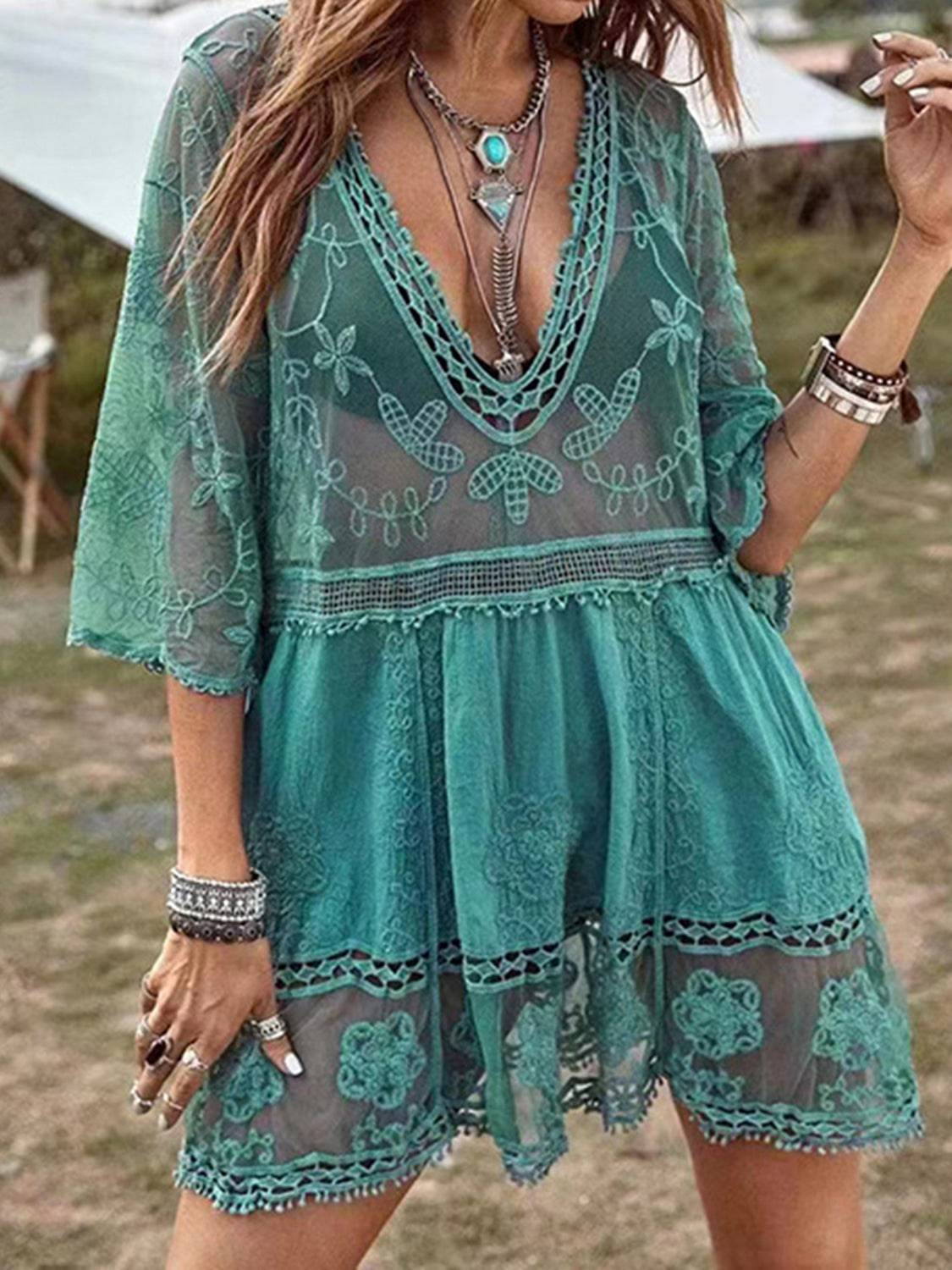 Lace Detail Plunge Cover-Up Dress - EkaVibe