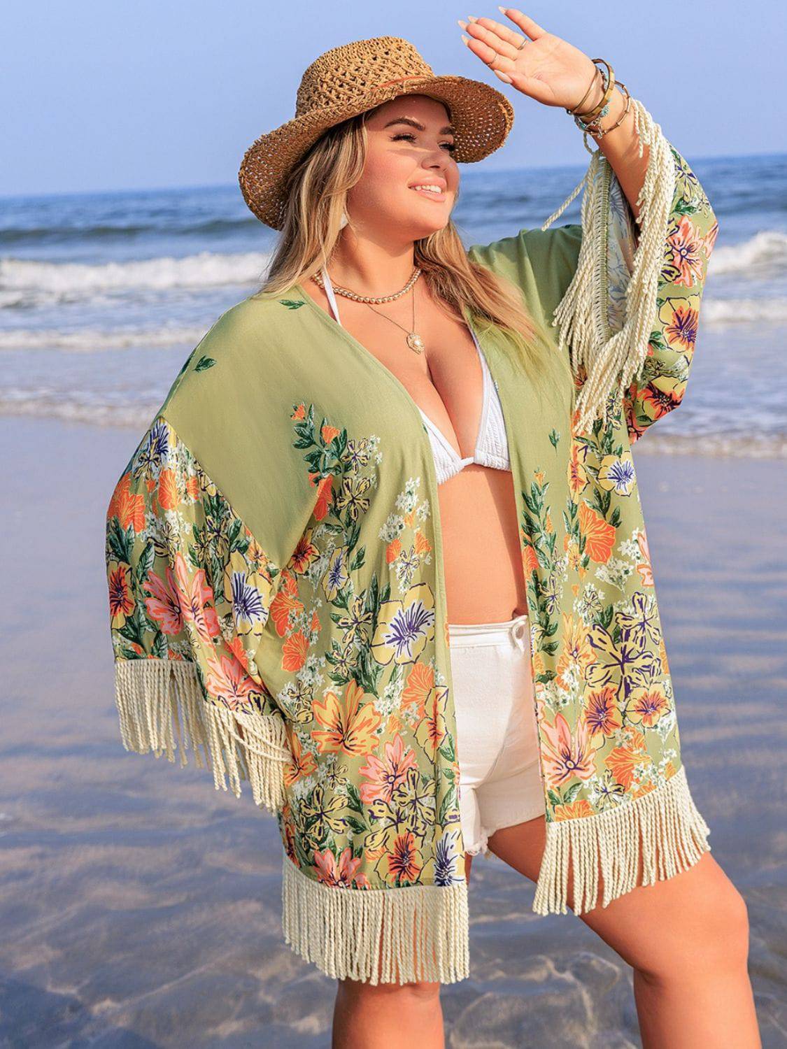 Plus Size Fringe Open Front Cover-Up - EkaVibe