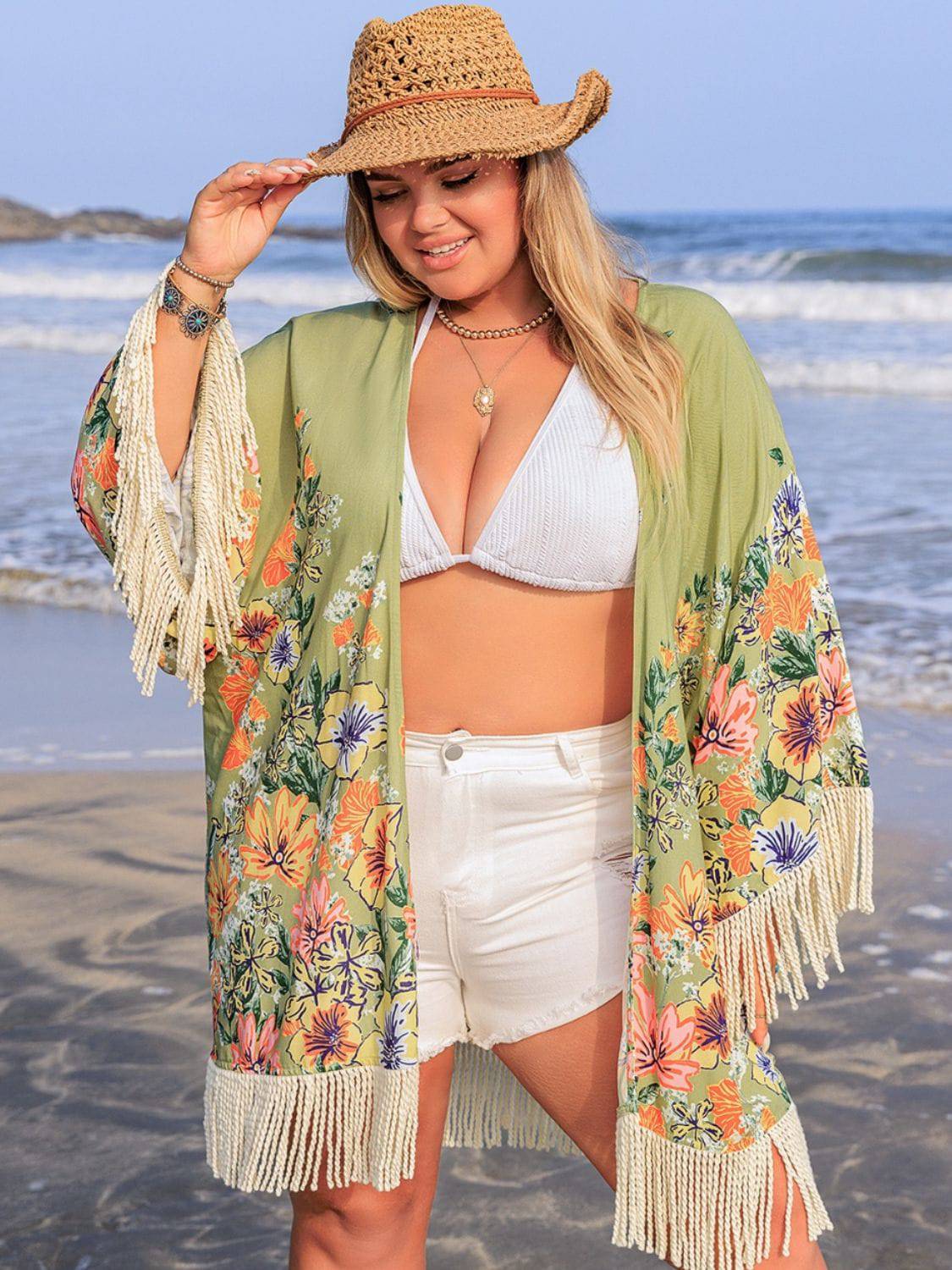 Plus Size Fringe Open Front Cover-Up - EkaVibe