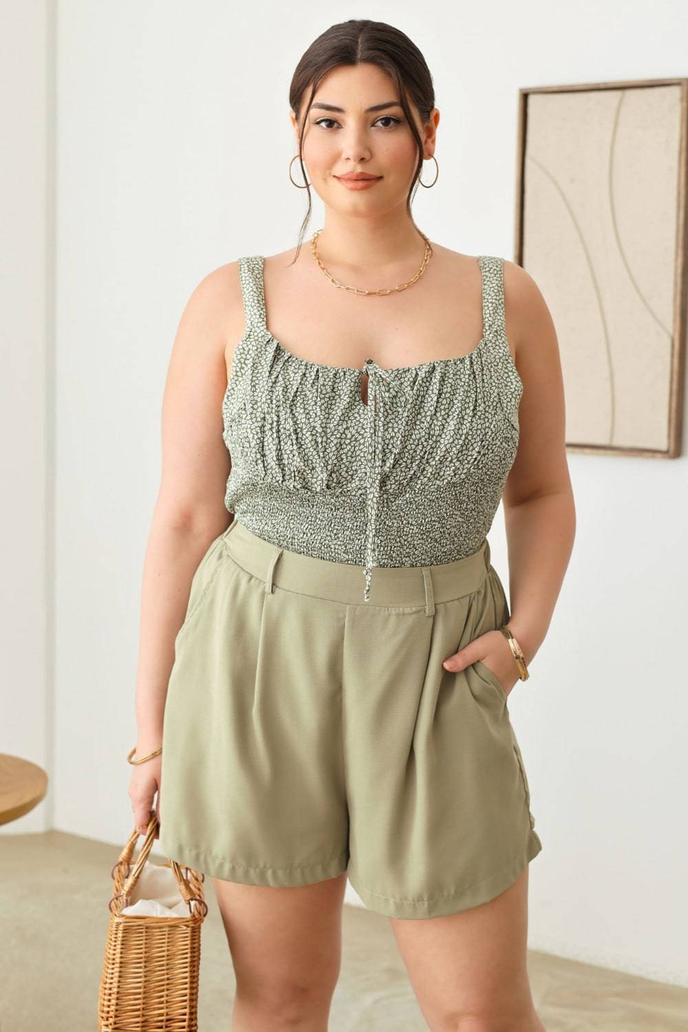 Zenobia Plus Size Half Elastic Waist Shorts with Pockets - EkaVibe