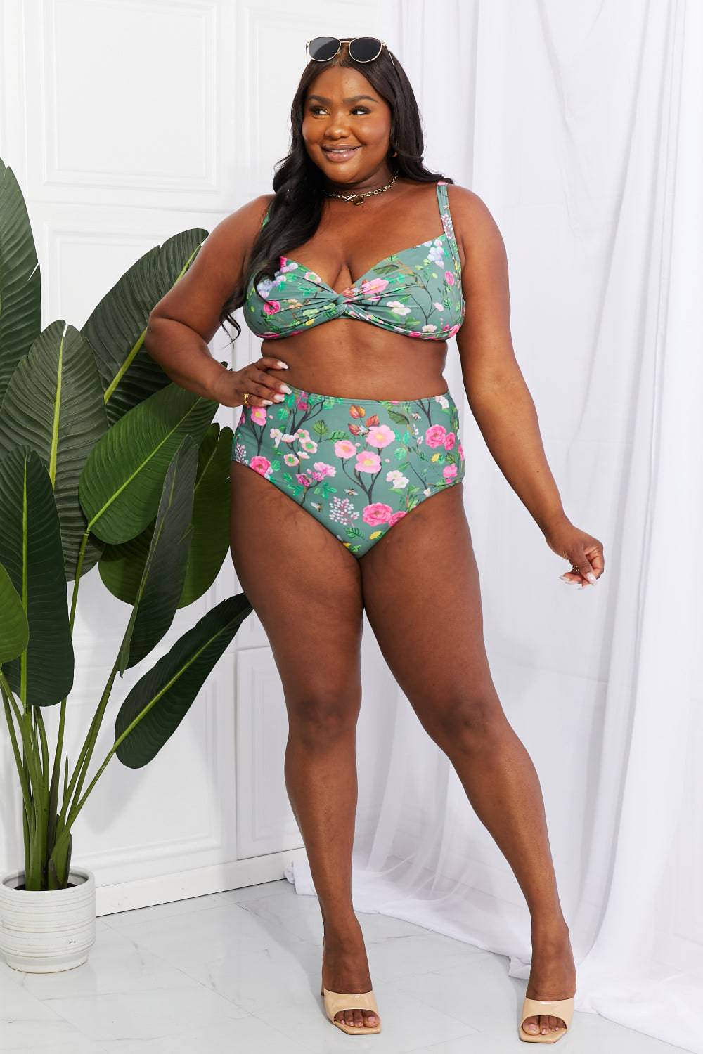 Marina West Swim Take A Dip Twist High-Rise Bikini in Sage - EkaVibe