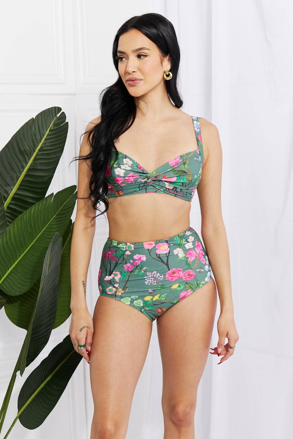 Marina West Swim Take A Dip Twist High-Rise Bikini in Sage - EkaVibe