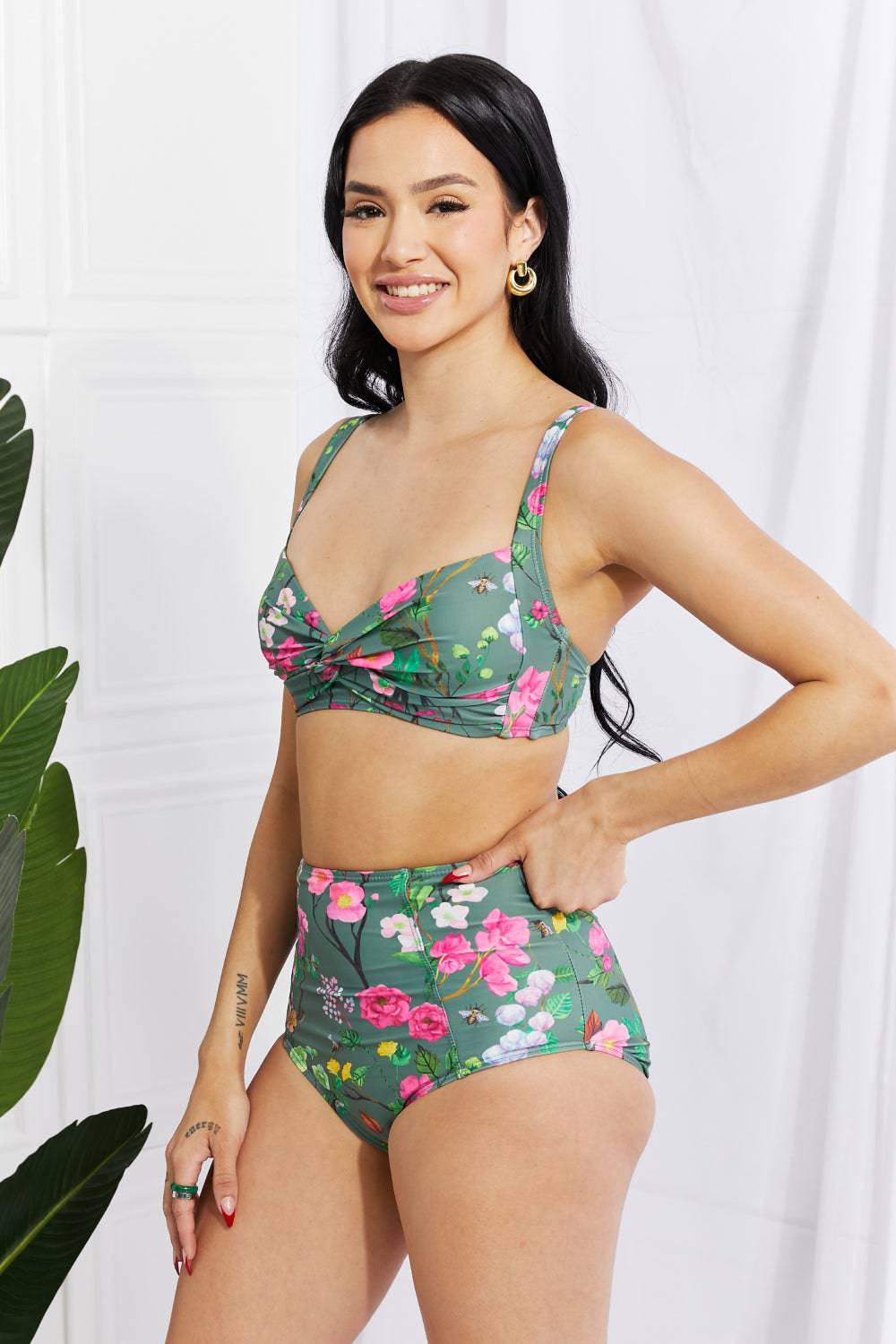 Marina West Swim Take A Dip Twist High-Rise Bikini in Sage - EkaVibe