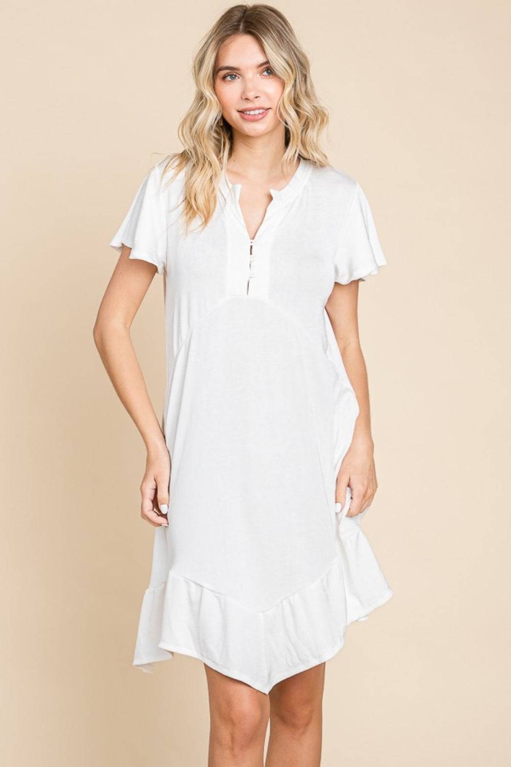 Culture Code Full Size Short Sleeve Ruffled Asymmetric Hem Dress - EkaVibe