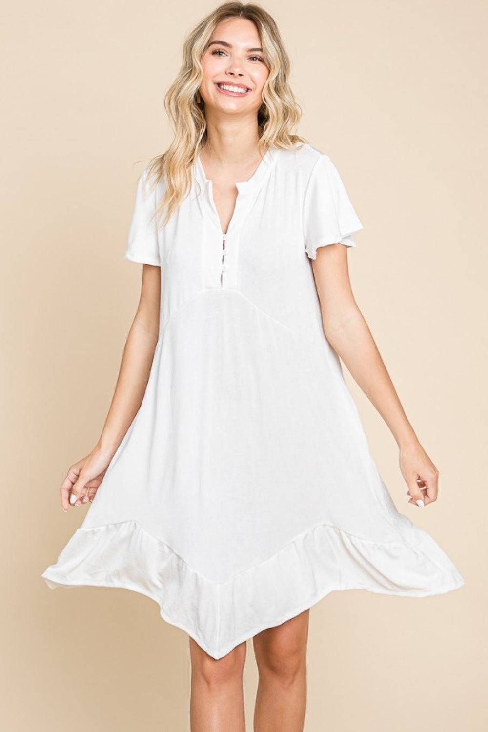 Culture Code Full Size Short Sleeve Ruffled Asymmetric Hem Dress - EkaVibe