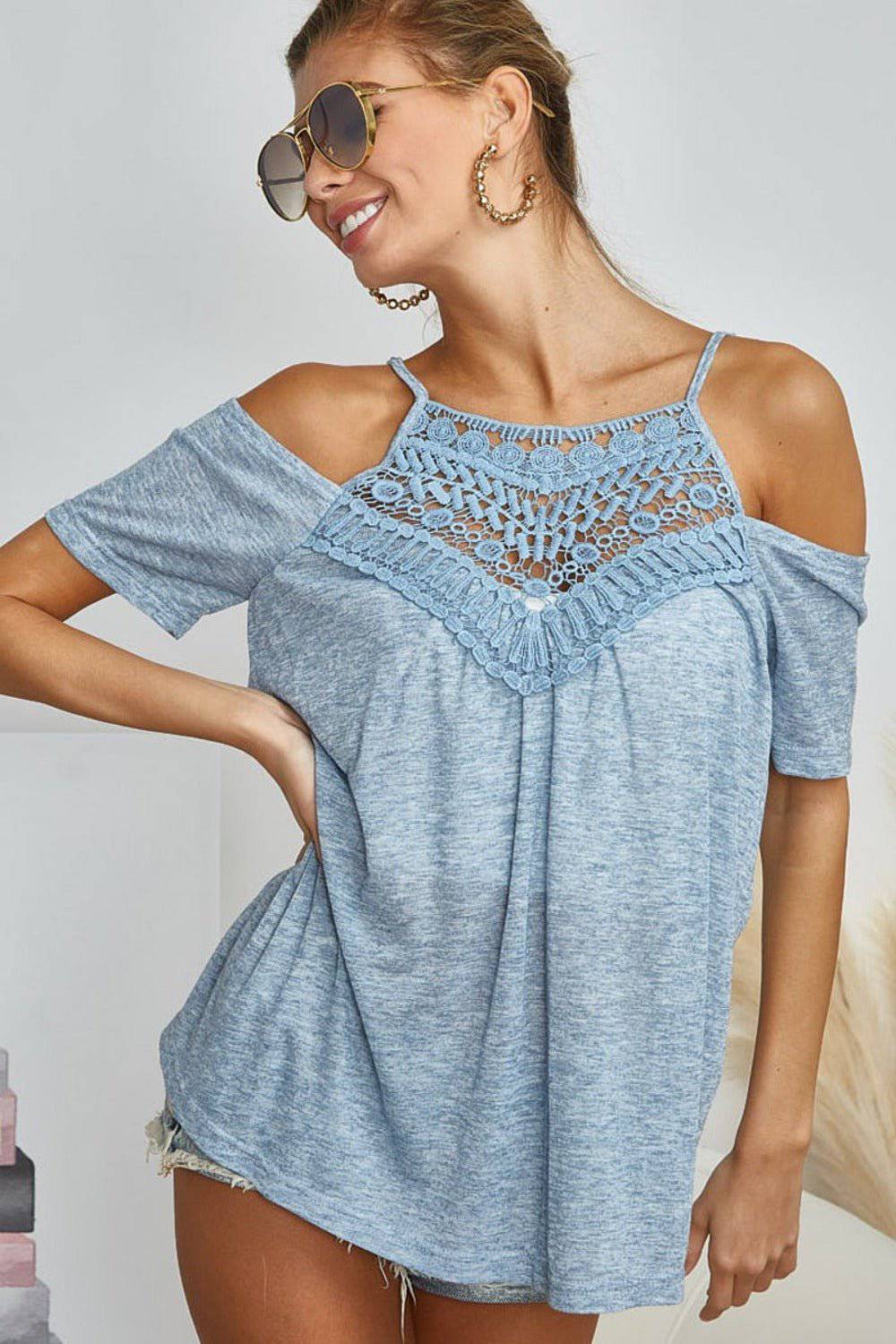 BiBi Front Crochet Lace Adjustable Strap Top - EkaVibe