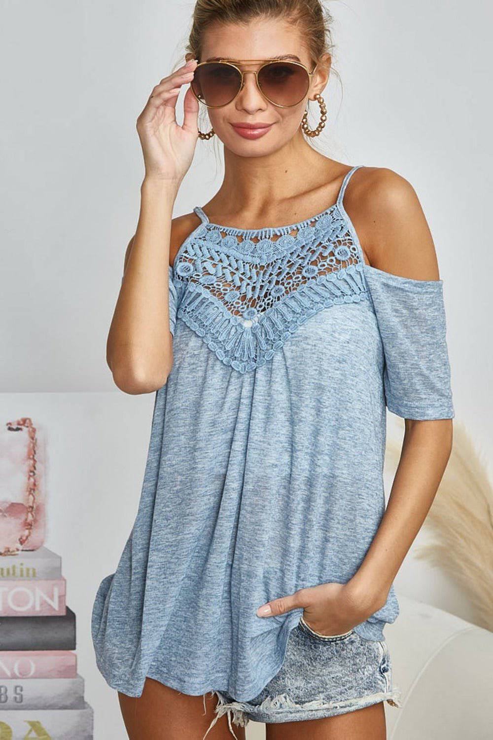 BiBi Front Crochet Lace Adjustable Strap Top - EkaVibe