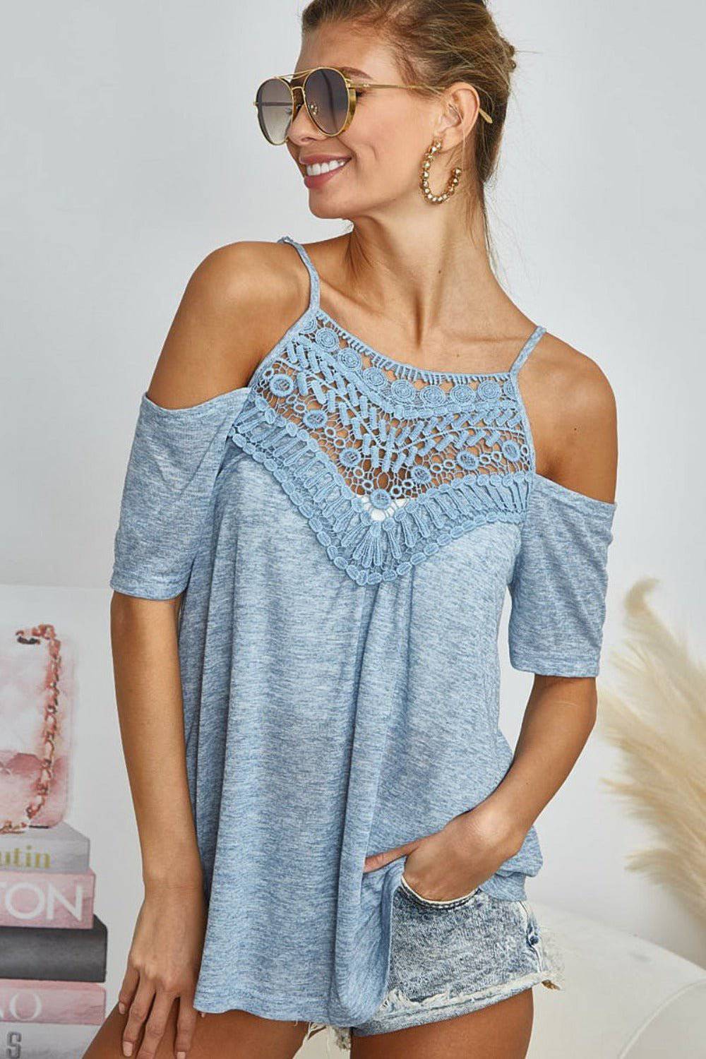 BiBi Front Crochet Lace Adjustable Strap Top - EkaVibe