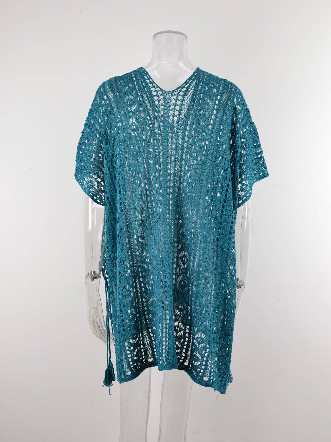 Cutout V-Neck Cover-Up with Tassel - EkaVibe