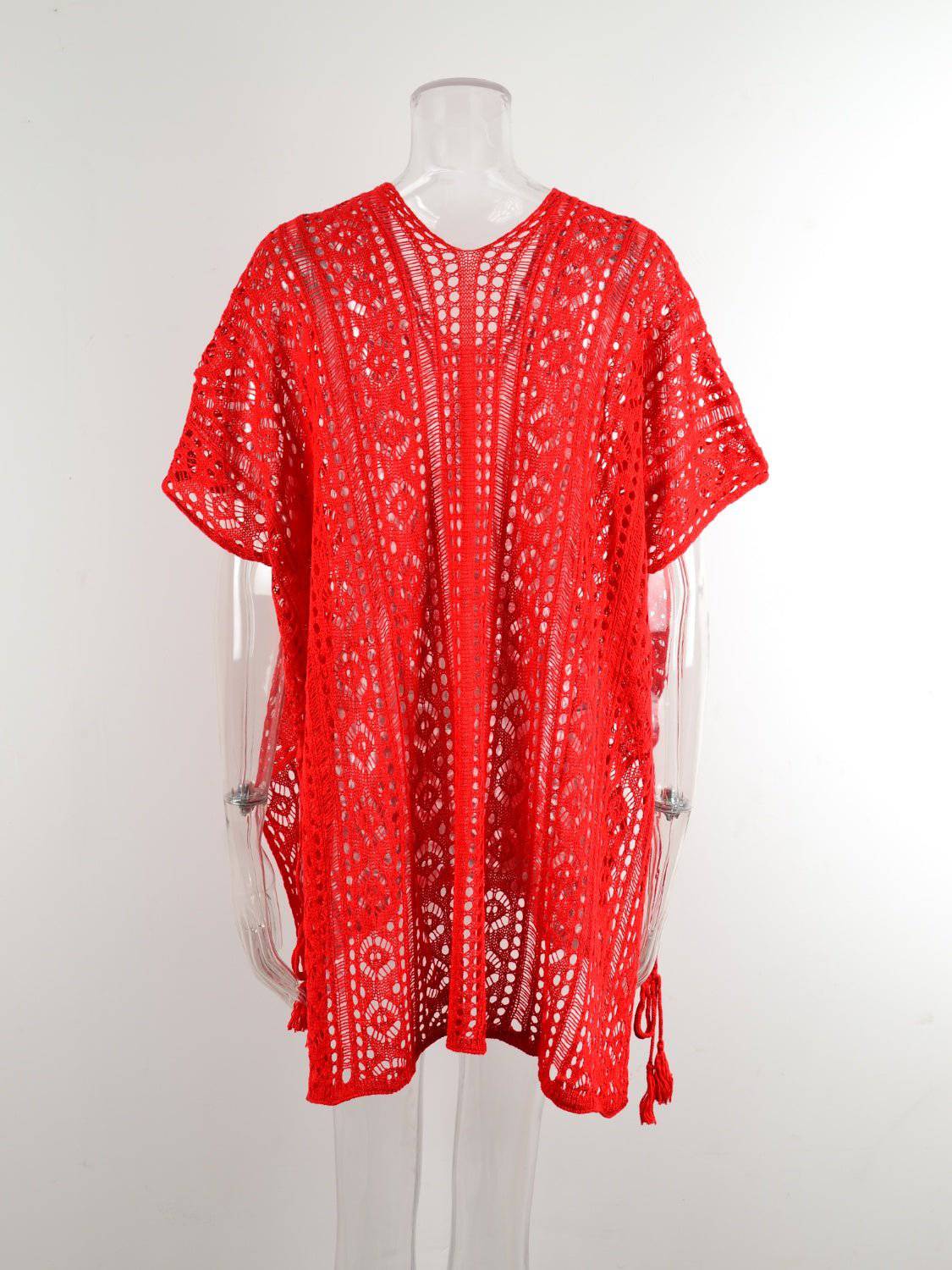 Cutout V-Neck Cover-Up with Tassel - EkaVibe