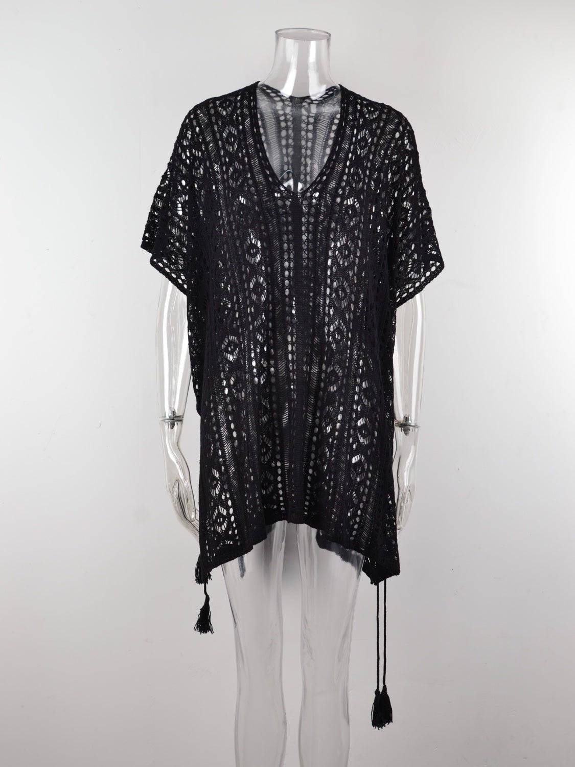 Cutout V-Neck Cover-Up with Tassel - EkaVibe