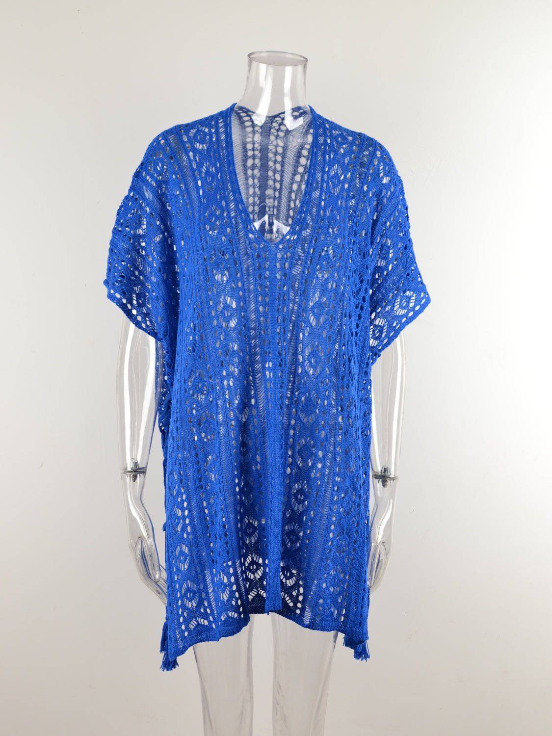 Cutout V-Neck Cover-Up with Tassel - EkaVibe