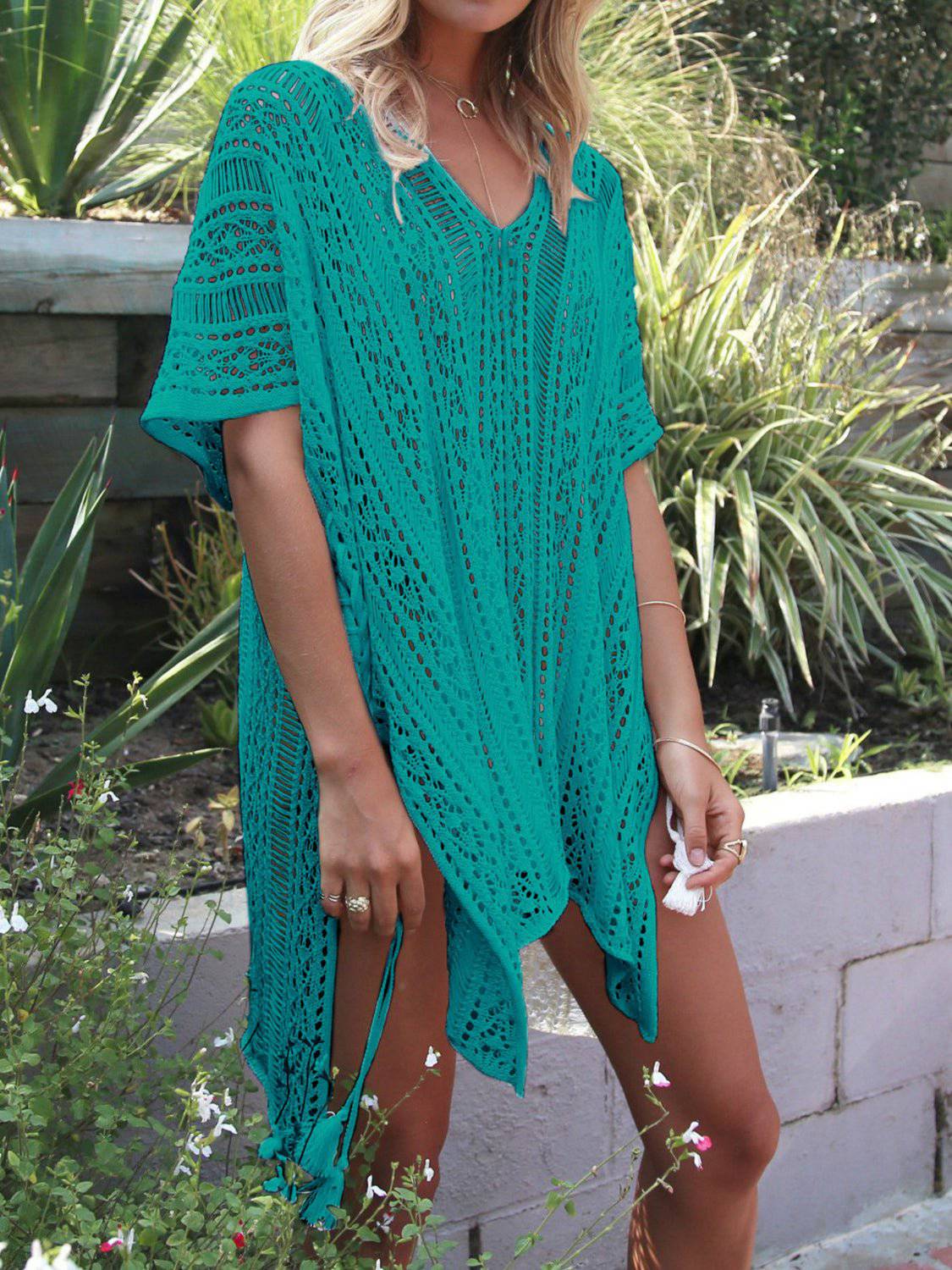 Cutout V-Neck Cover-Up with Tassel - EkaVibe