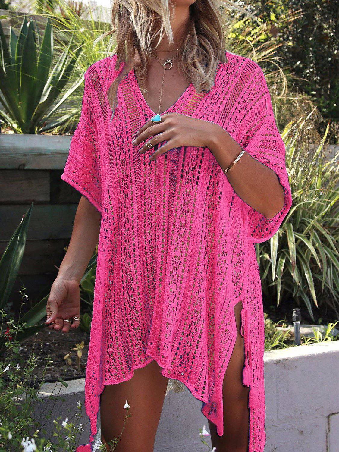 Cutout V-Neck Cover-Up with Tassel - EkaVibe