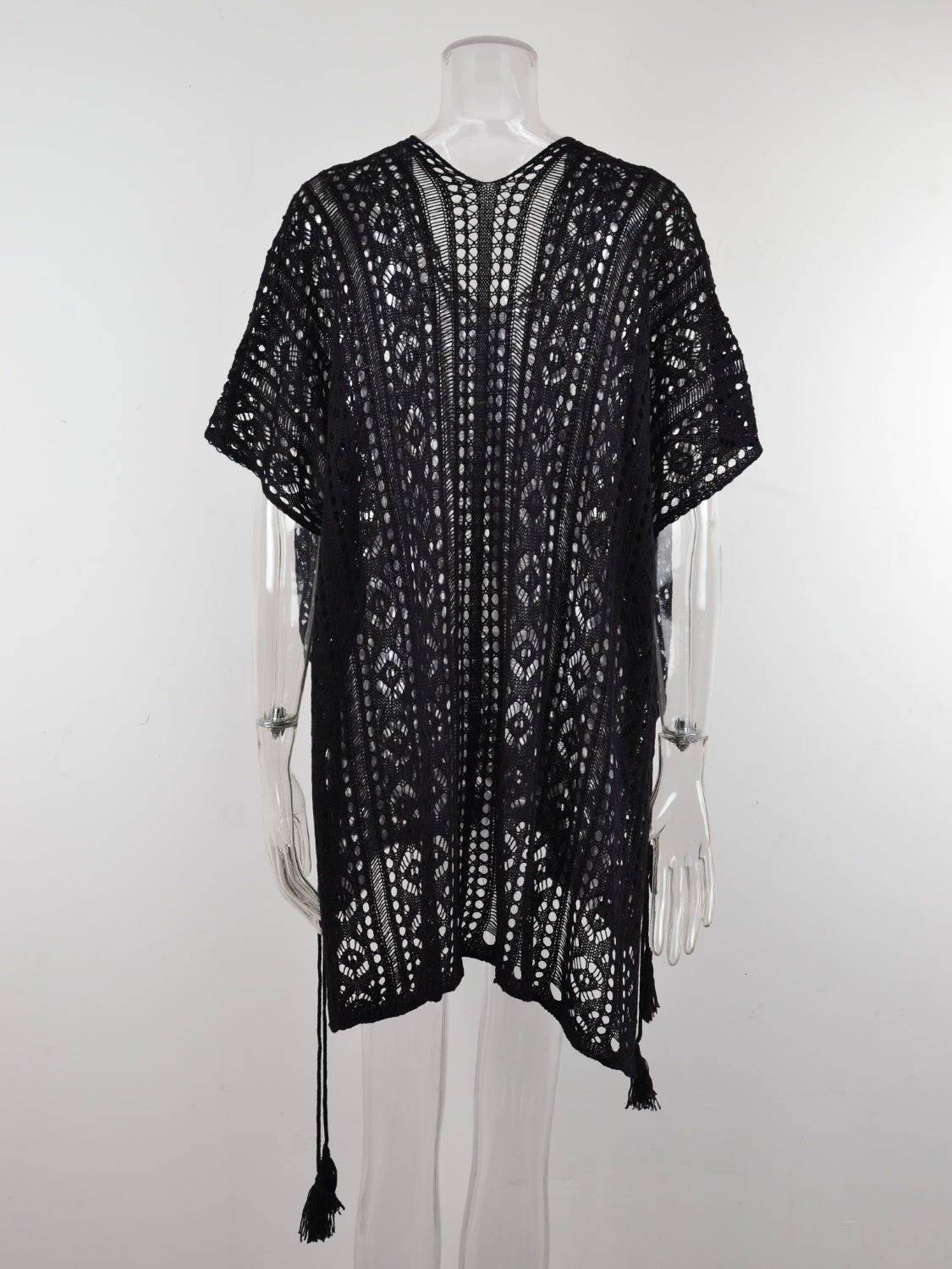 Cutout V-Neck Cover-Up with Tassel - EkaVibe