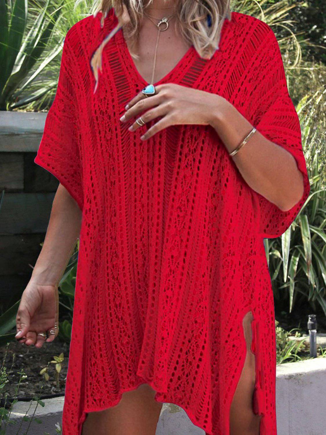 Cutout V-Neck Cover-Up with Tassel - EkaVibe