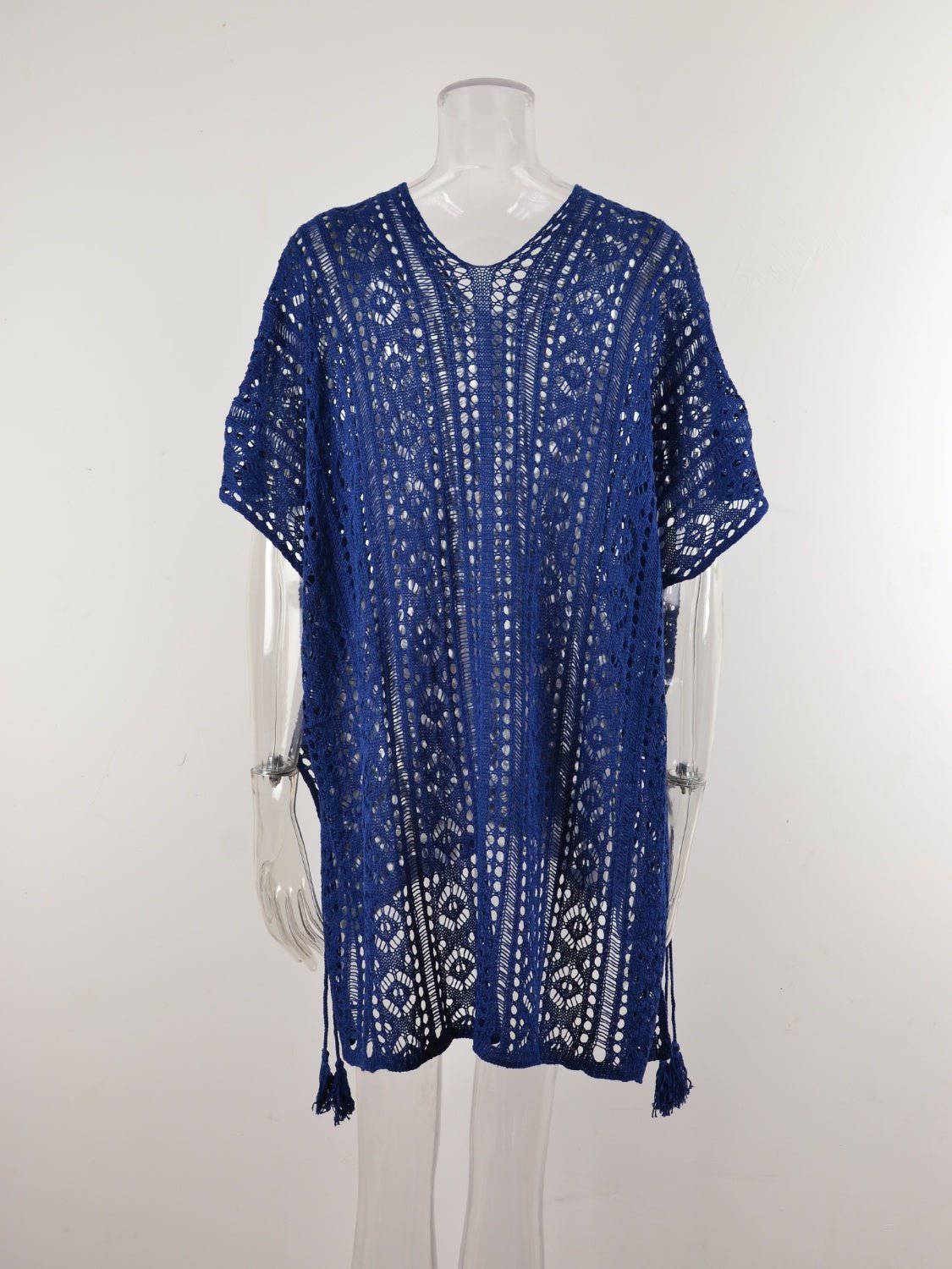 Cutout V-Neck Cover-Up with Tassel - EkaVibe