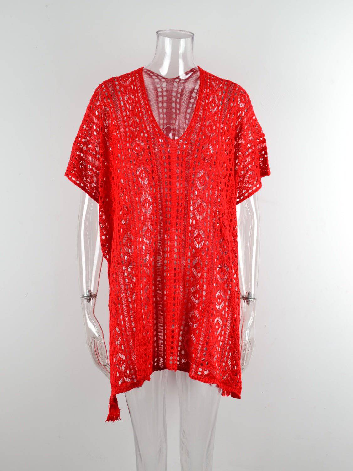 Cutout V-Neck Cover-Up with Tassel - EkaVibe