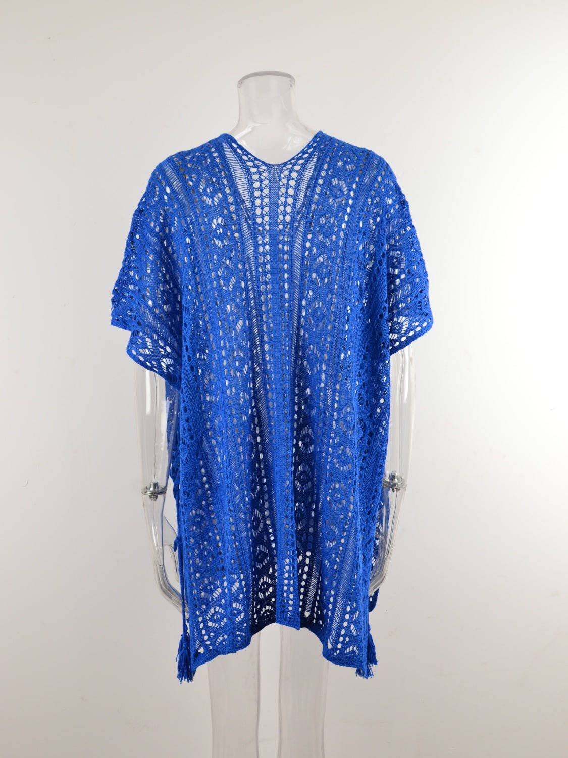 Cutout V-Neck Cover-Up with Tassel - EkaVibe