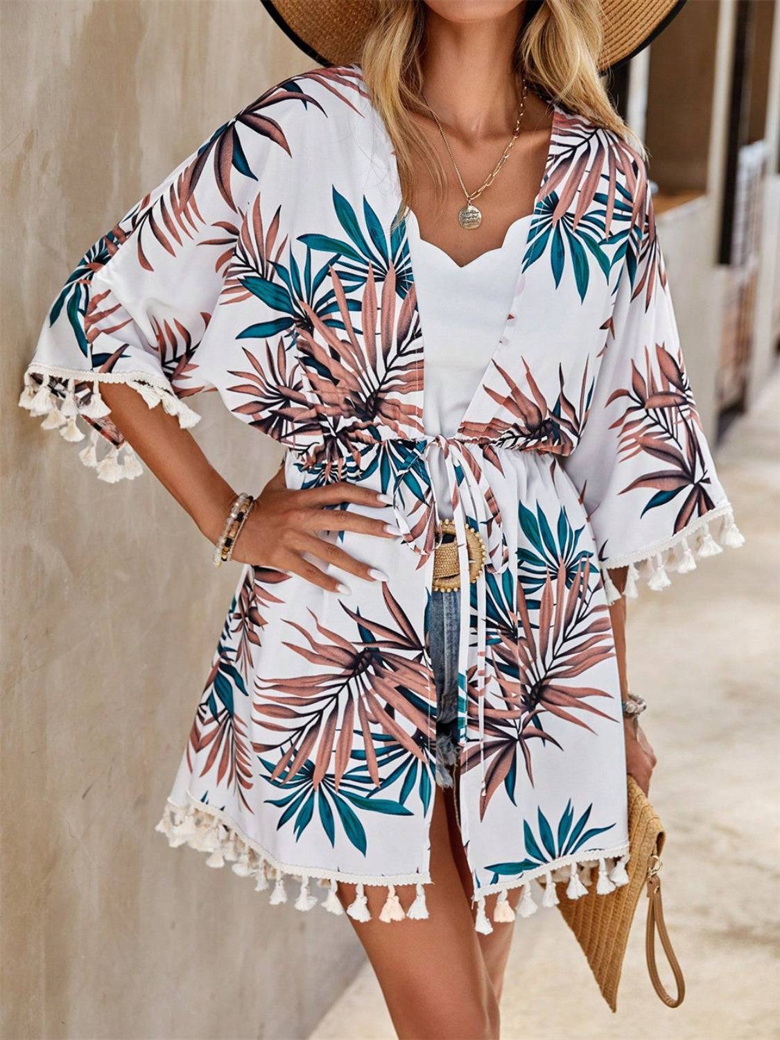 Tassel Tied Printed Half Sleeve Cover Up - EkaVibe