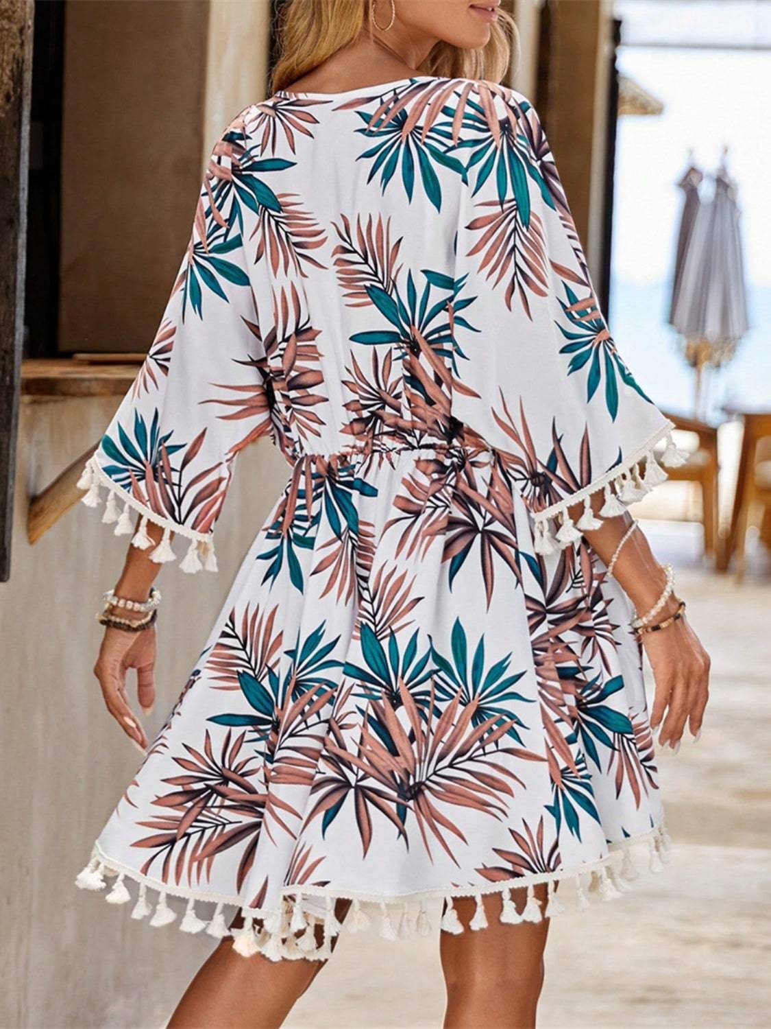 Tassel Tied Printed Half Sleeve Cover Up - EkaVibe