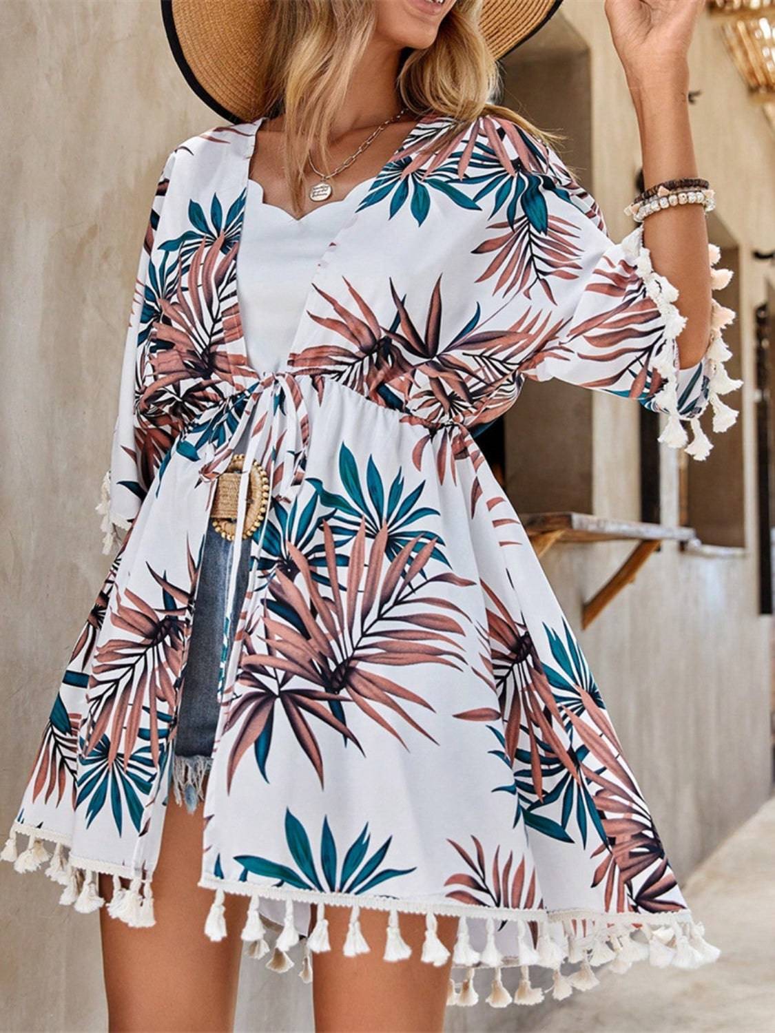 Tassel Tied Printed Half Sleeve Cover Up - EkaVibe