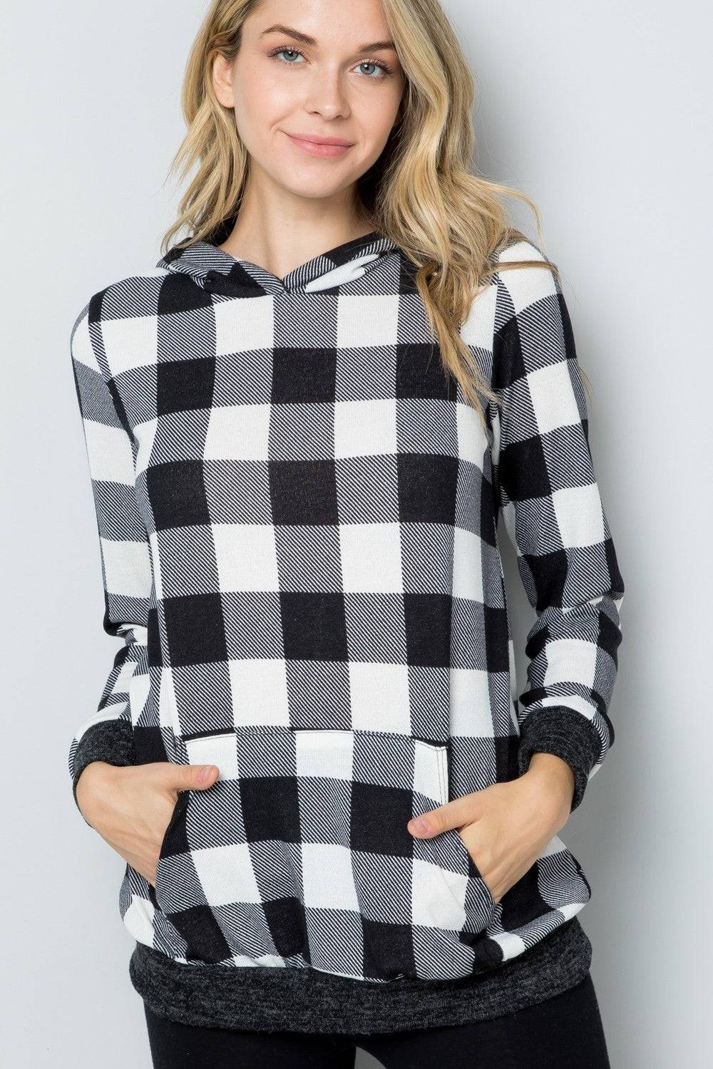 Celeste Full Size Contrast Plaid Long Sleeve Hoodie - EkaVibe